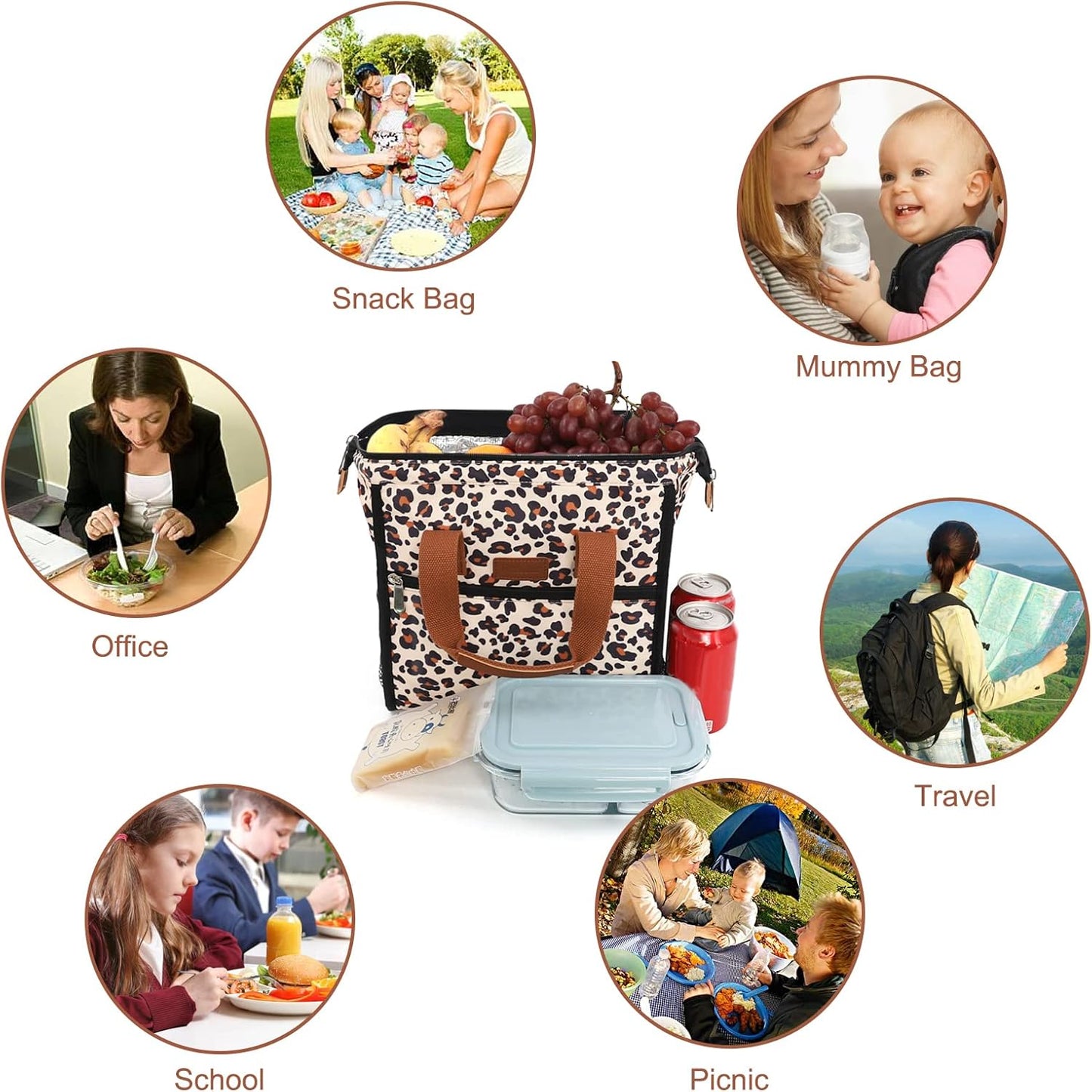 Leopard Lunch Bag Insulated Lunch Bags for Women Men and Kids Reusable & Wide-Open Lunch Tote Bag Portable Insulated Bag for Office, School and Picnic, (Beige with Leopard)
