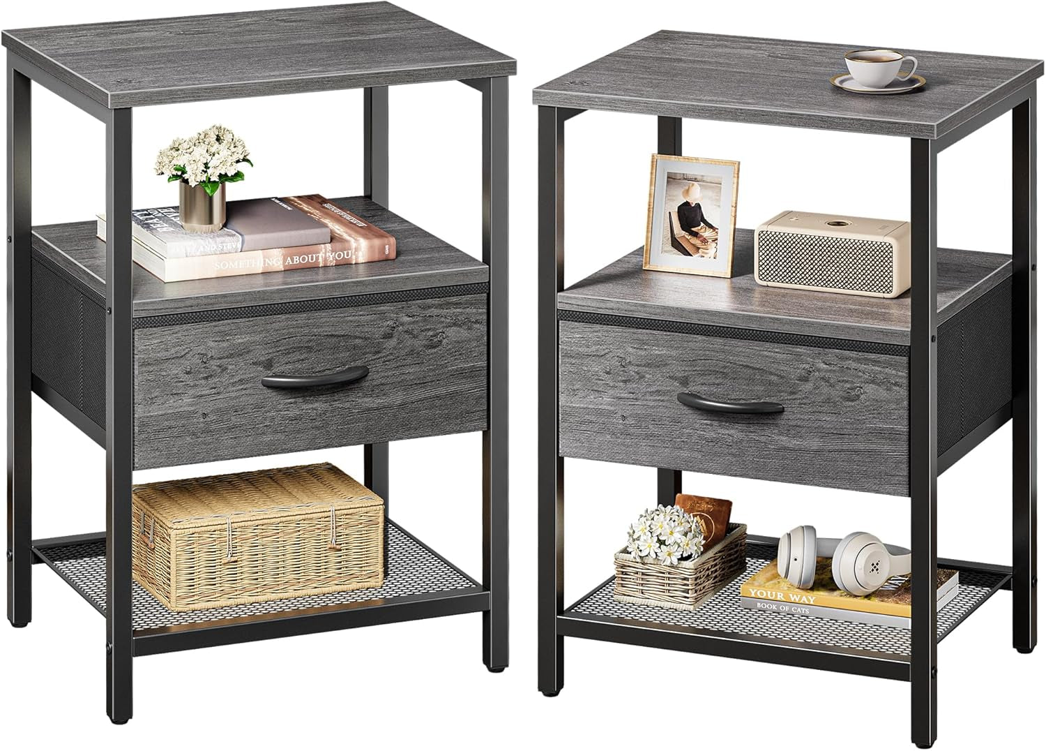 Set of 2 Nightstands with Fabric Drawers and Mesh Shelves, Grey Metal Frame Side Tables for Bedroom Storage