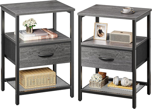 Set of 2 Nightstands with Fabric Drawers and Mesh Shelves, Grey Metal Frame Side Tables for Bedroom Storage