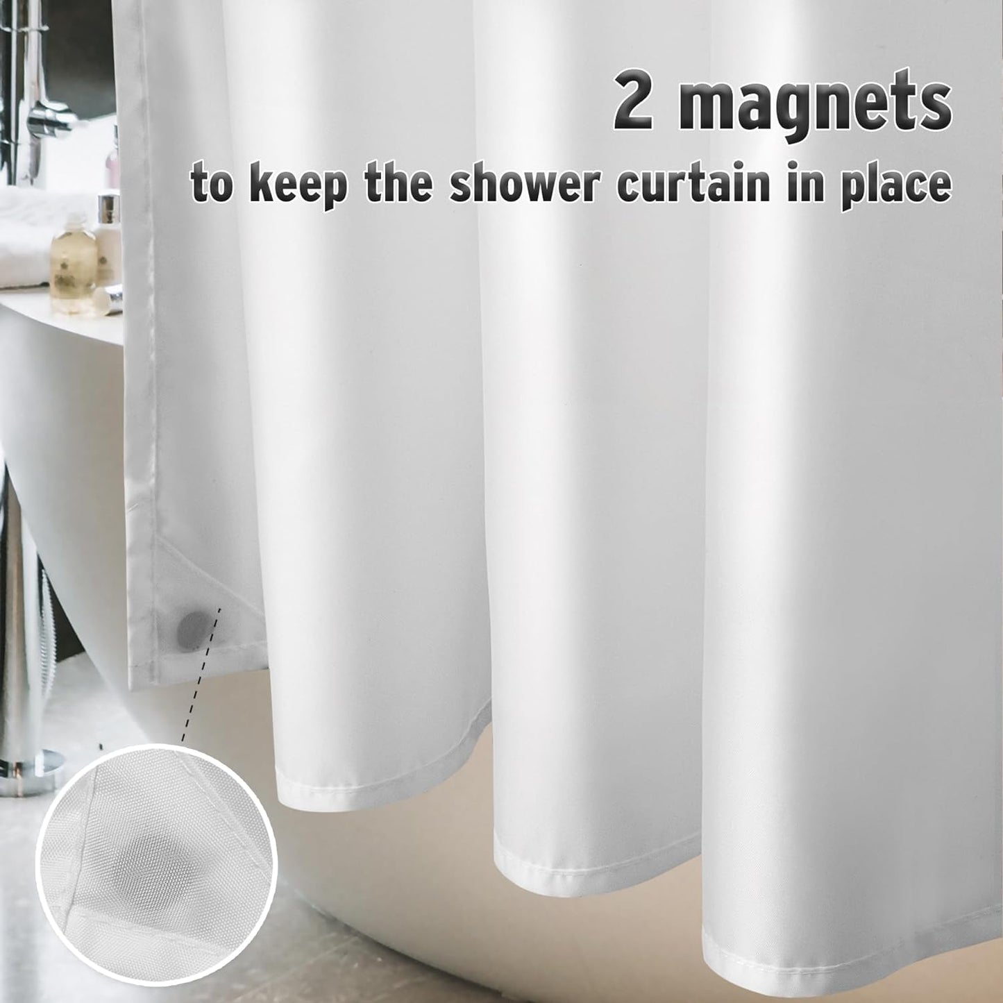 Small Stall Shower Curtain Liner Washable, 36 X 72 Inches, White Fabric Stall Shower Liner with 2 Magnets, Waterproof RV Shower Liner Soft Lightweight Polyester, White