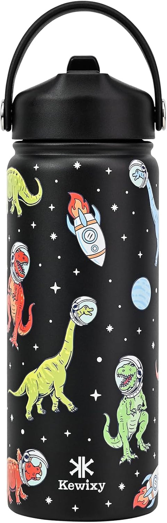 18 Oz Stainless Steel Insulated Water Bottle with Flip Straw and Handle, Leak-Proof Design, Cup Holder Compatible, Reusable for Travel, Gym, and School (Dinosaur)