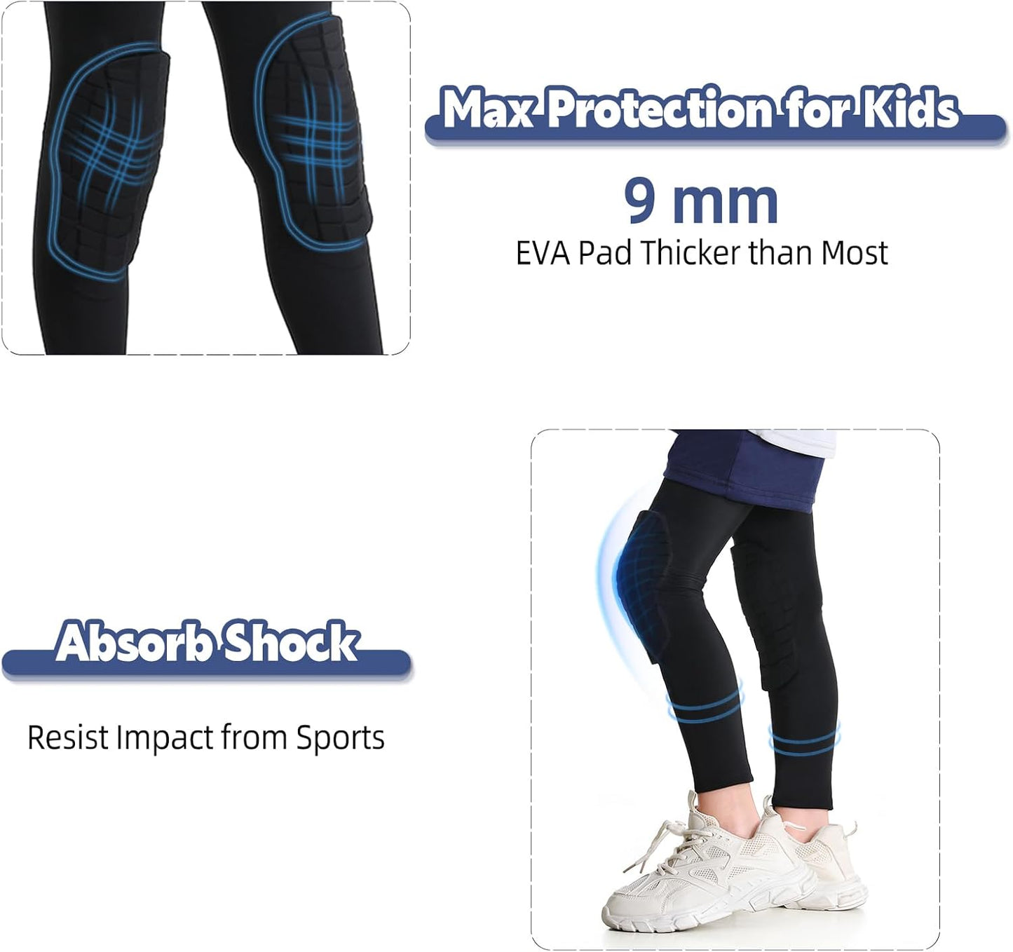 Knee Pad for Kid Youth 1 Pair, Black Padded Knee Leg Compression Sleeve for Basketball Football Volleyball Soccer Sport Boy Girl