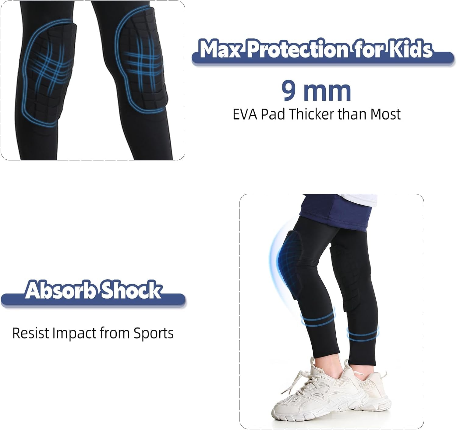 Knee Pad for Kid Youth 1 Pair, Black Padded Knee Leg Compression Sleeve for Basketball Football Volleyball Soccer Sport Boy Girl