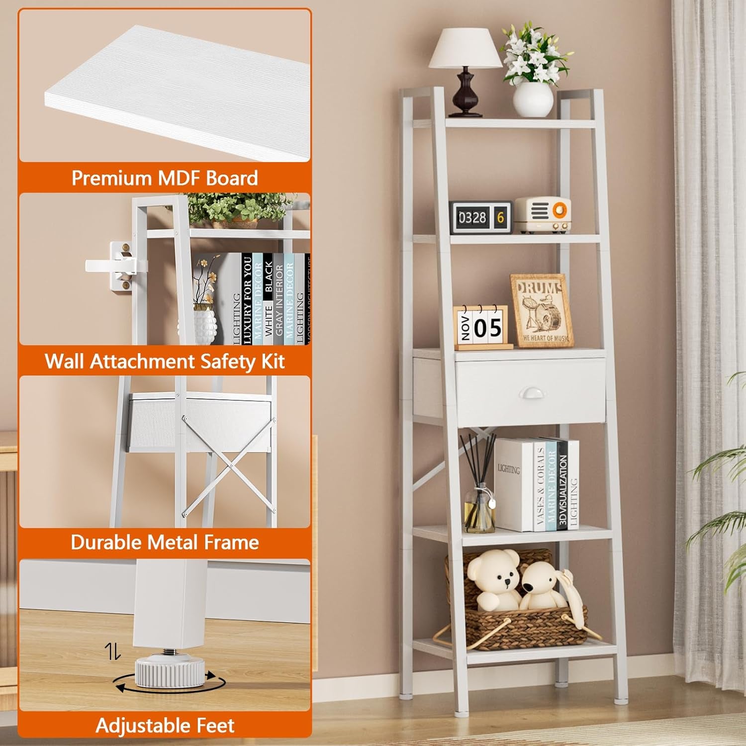 5 Tier Bookshelf, Ladder Shelf with Drawer, Tall and Narrow Bookcase, Storage Shelves Organizer,Industrial Display Standing Units for Bathroom,Kitchen,Bedroom,Living Room,White
