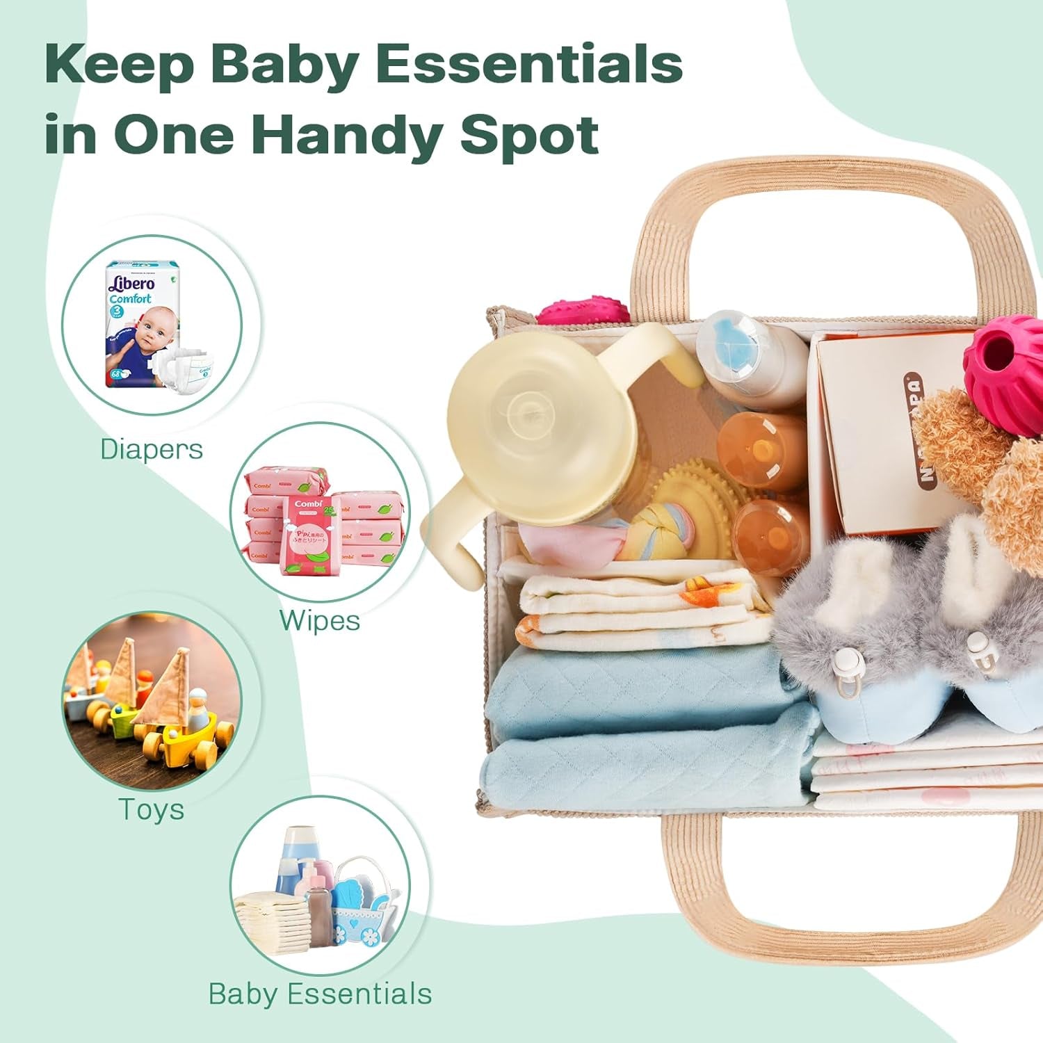 Baby Diaper Caddy Organizer - Portable Nursery Storage Basket for Newborn Essentials, Foldable Diaper Bag Organizer for Baby Shower Gifts and Registry Must-Haves, Car Organizer with Dividers (Brown)