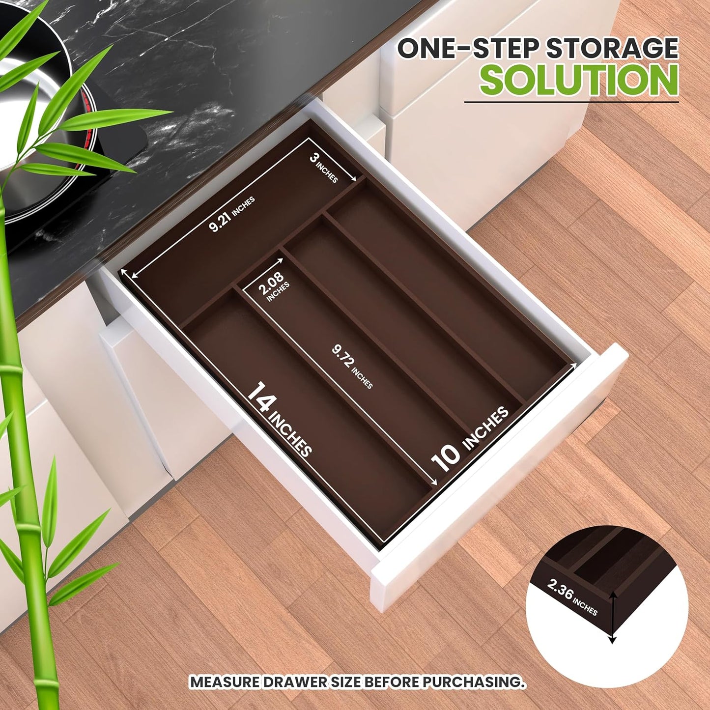 Silverware Organizer, Bamboo Utensil Drawer Organizer for Cutlery, Utensils & Flatware (5 Compartment, Brown) Pack of 1