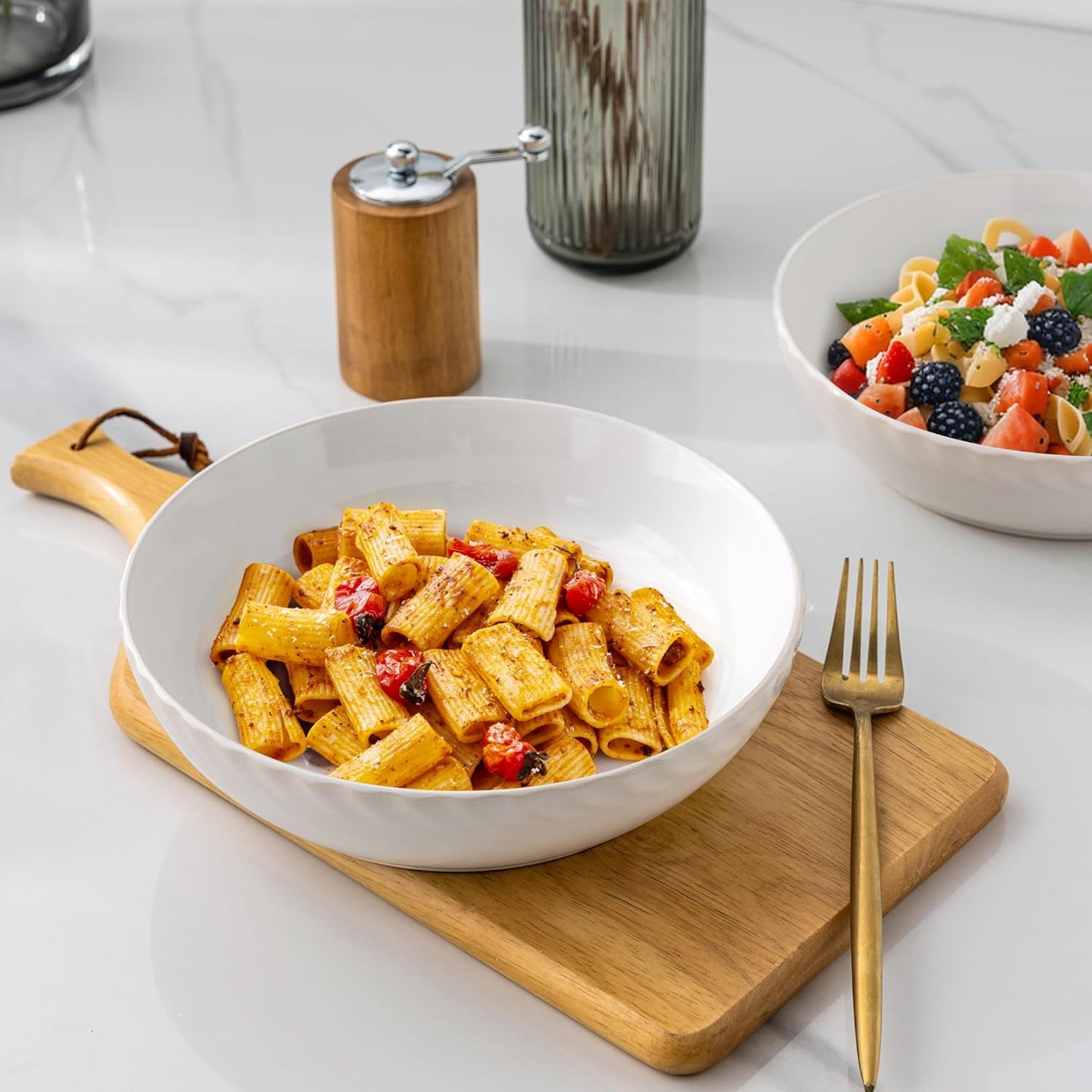 Set of 4 Large 8.5'' Stoneware Pasta and Salad Bowls, 38 Ounce Capacity with Textured Design, Ideal for Serving Pasta, Fruit, Stews, and Noodles, Perfect Housewarming Gift