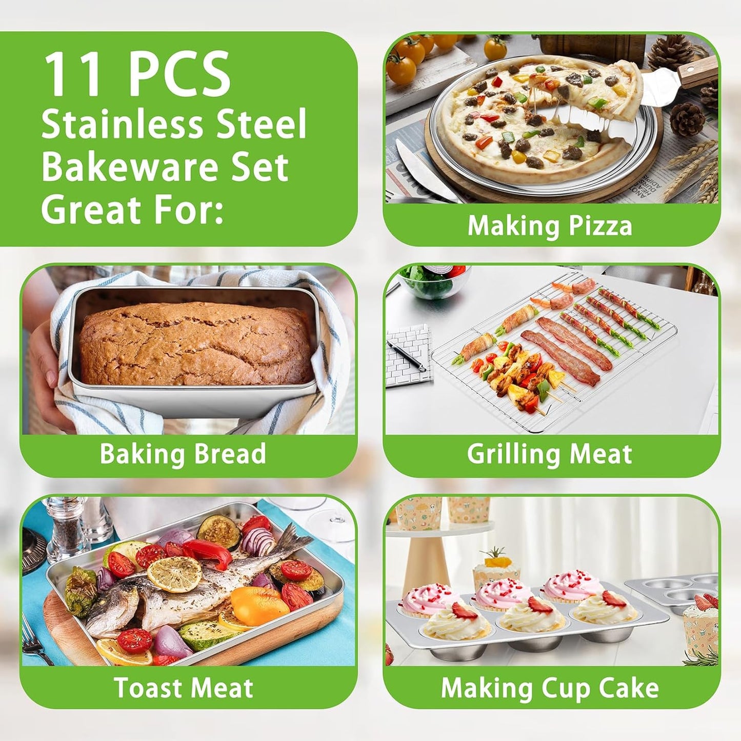 Bakeware Sets of 11, Stainless Steel Baking Pans Set, Includes Baking Sheets and Rack, Lasagna Pan with Lid, Round/Square Cake Pan, Muffin Pans, Loaf Pan, Reusable & Durable
