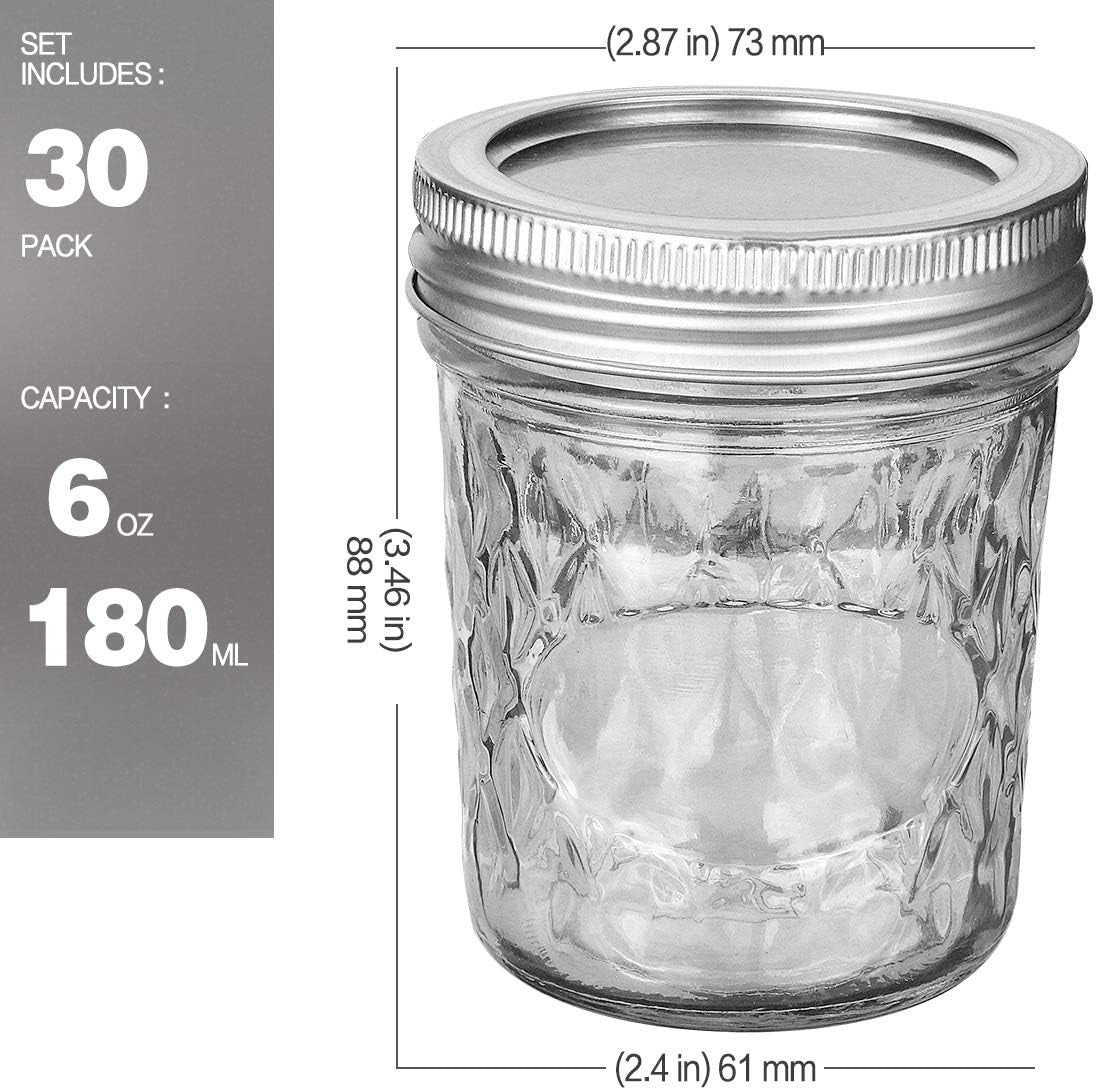 6 Oz Mason Jars - 30 Pack Canning and Jelly Jars with Lids, Perfect for Jam, Honey, Wedding and Shower Favors