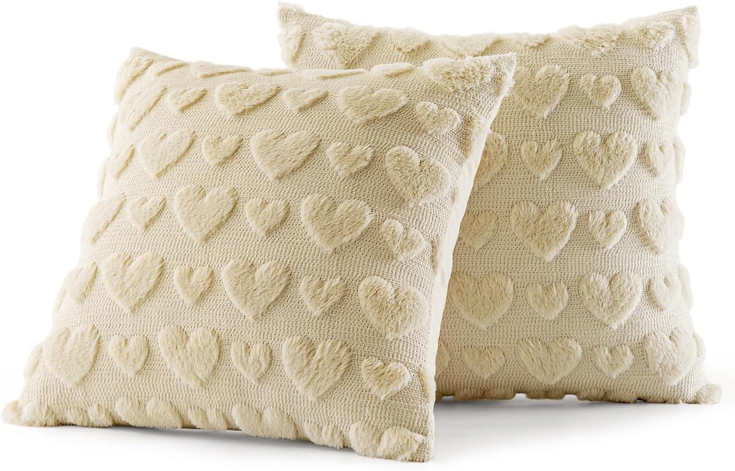 Set of 2 Beige Mothers Day Valentines Pillow Covers Heart Love Decorative Cute Throw Pillows 18X18 Inch Soft Plush Faux Wool Farmhouse for Spring Sofa Livingroom Bed