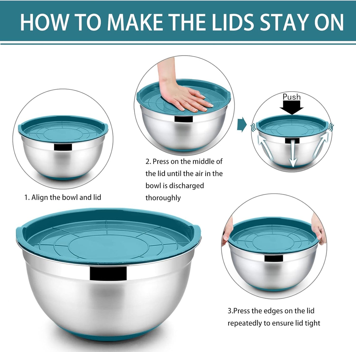 Mixing Bowls with Lids Set of 5, Stainless Steel Nesting Salad Bowl with Lid & Base for Non-Slip Mixing Prepping Storing Serving, 5 Sizes-7/3.5/2.5/1.5/1 QT, Blue