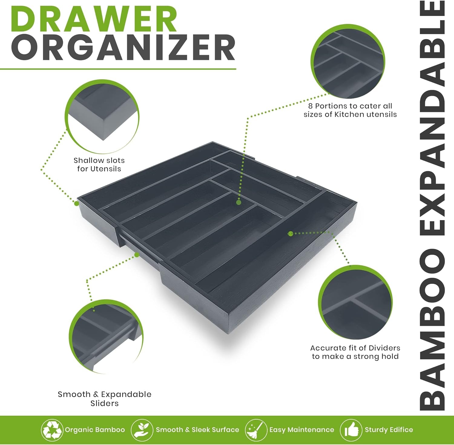 Expandable Bamboo Utensil Drawer Organizer, Silverware Organizer for Cutlery, Utensils, Flatware Holder (6-8 Slots, Grey) Pack of 1