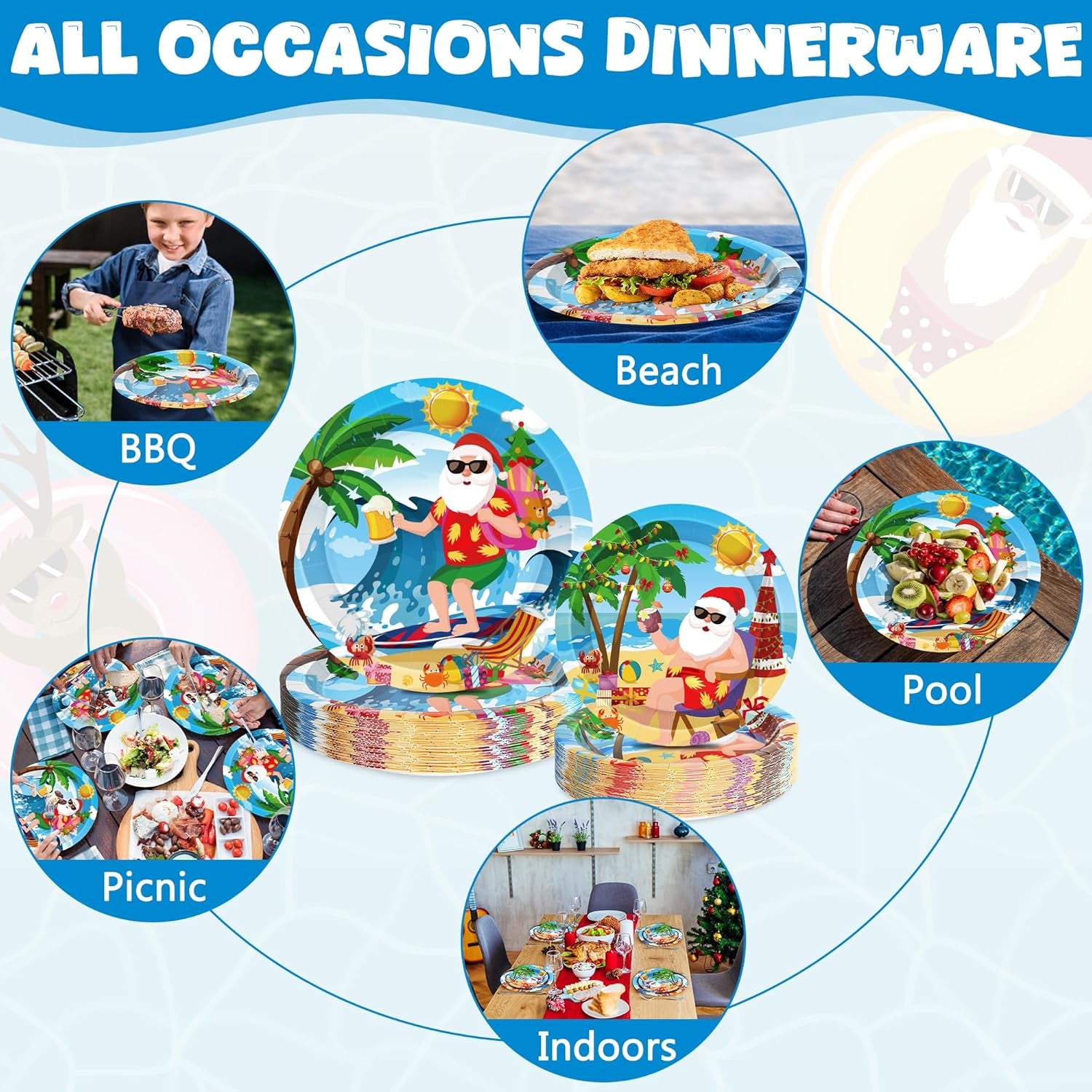 48Pcs Christmas in Summer Plates, Disposable 7 Inch and 9 Inch round Tableware Set, Xmas Tropical Holiday Decorations, Summer Christmas Paper Plates for July Christmas Beach Picnics Party