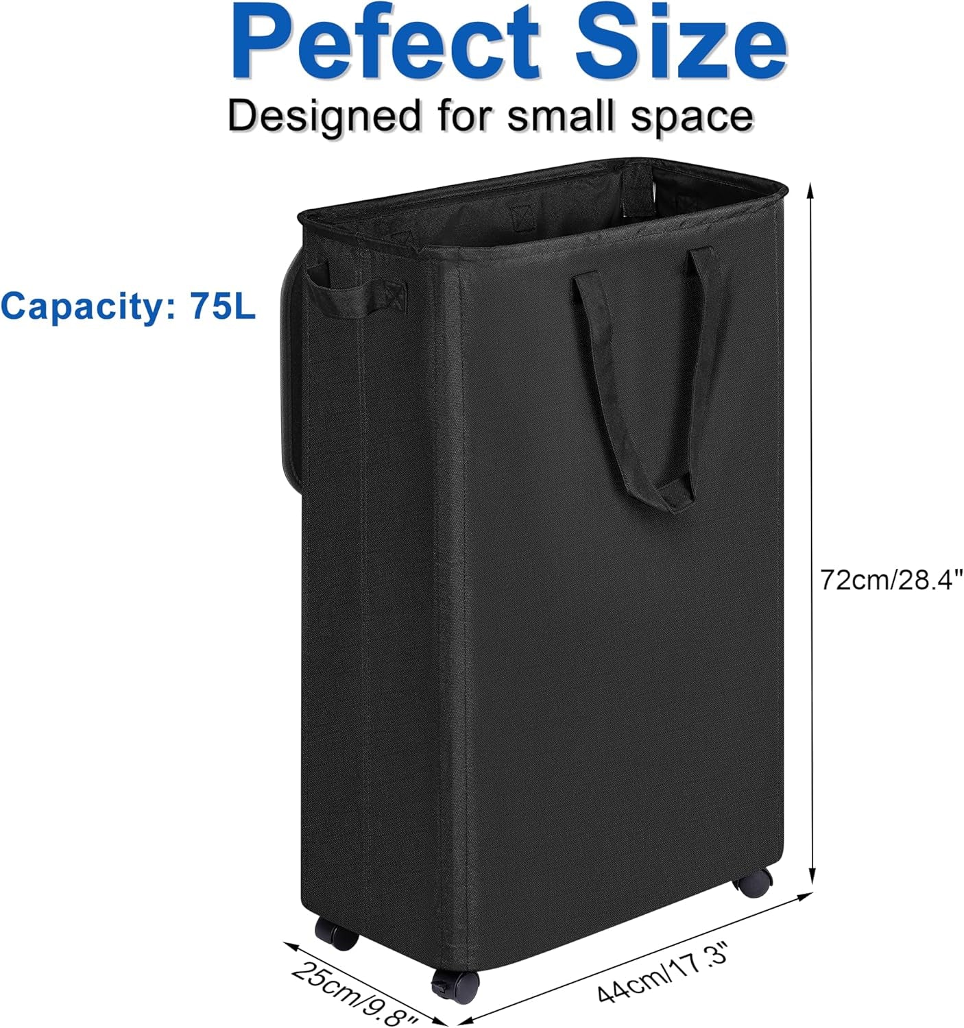 Slim Laundry Hamper with Lid and Wheels, Small Rolling Laundry Basket with Handle for Small Spaces, Tall Dirty Clothes Hampers for Dorm, Bathroom and Bedroom, 75L Black