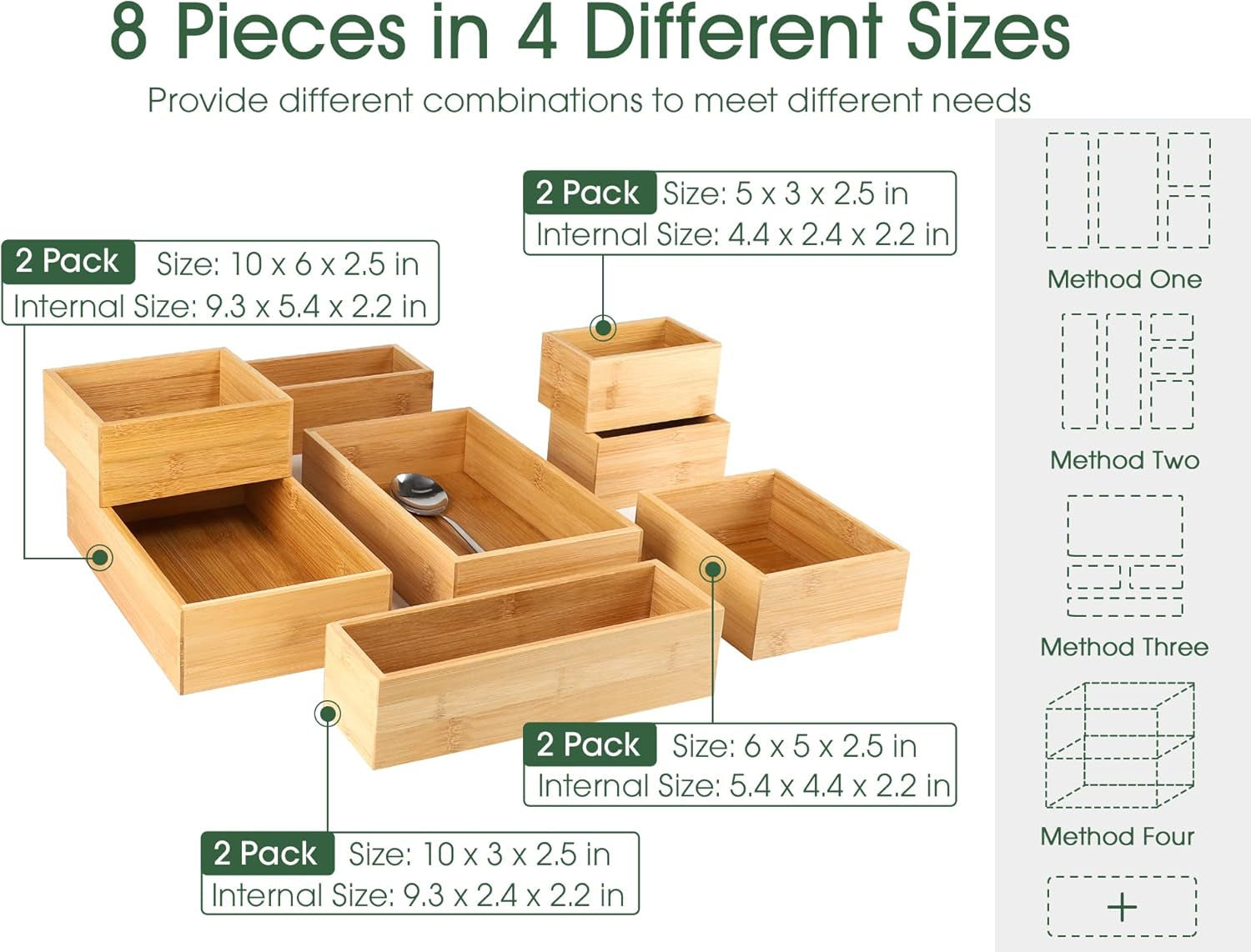 8 Pcs Bamboo Drawer Organizer Utensil Tray Kitchen Storage Box 4-Size Versatile Dividers Cutlery Holders Bins Containers for Flatware Kitchen Utensils