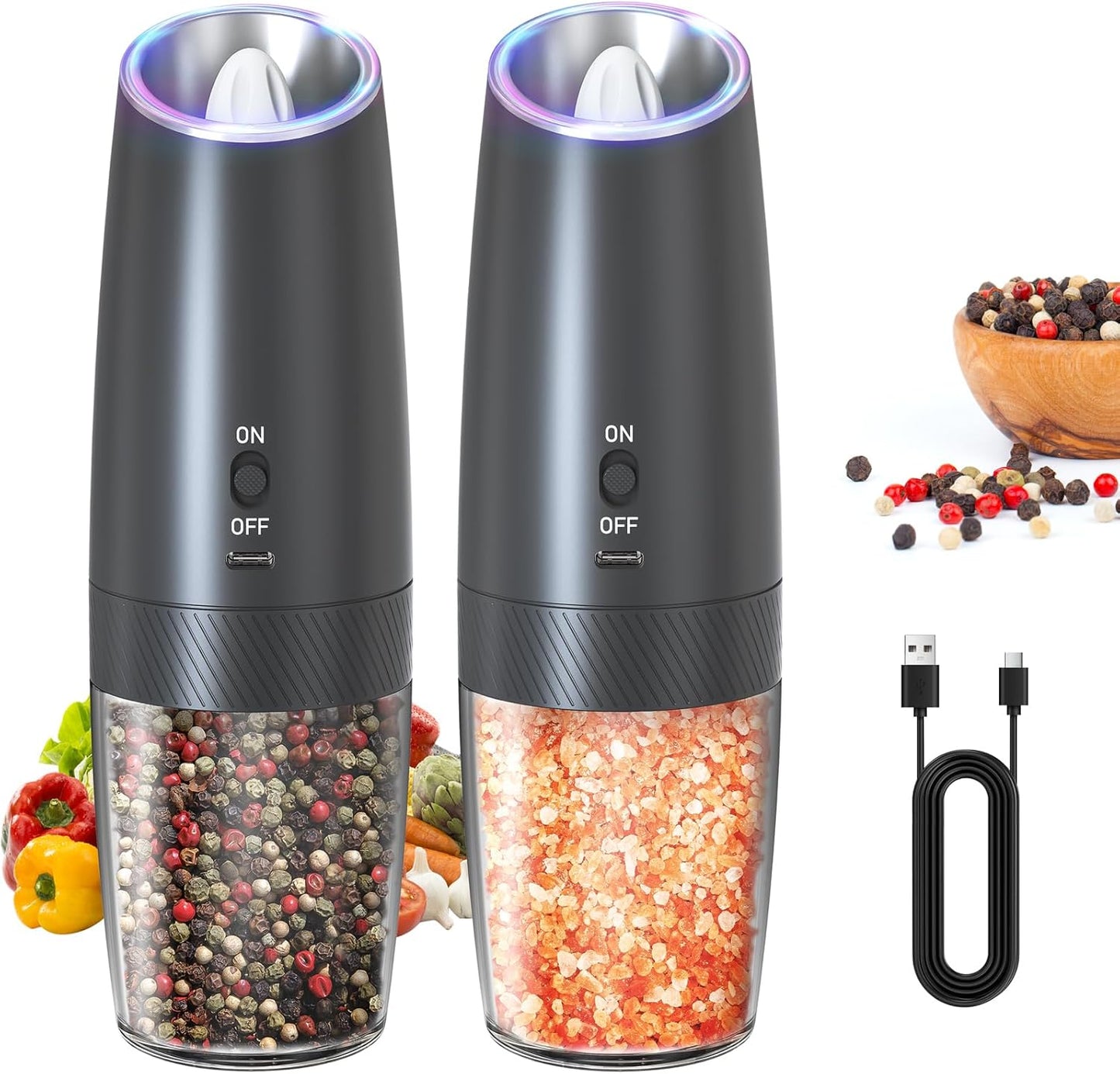 Rechargeable Electric Salt and Pepper Grinder Set Gravity Salt and Pepper Mills Set with LED Light, No Battery Needed, Adjustable Coarseness, Washable 135Ml Container, Black