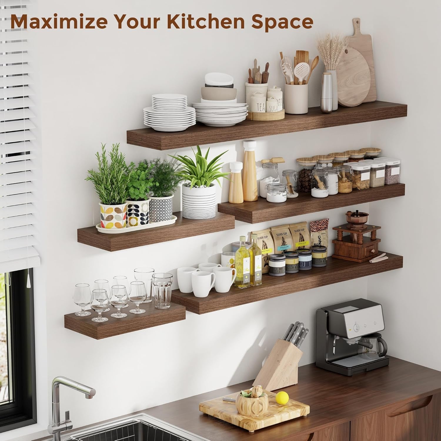 16 Inch Floating Shelves for Wall Walnut Shelves Set of 2,Wall Mounted Rustic Wood 8 Inch Deep Floating Shelf with Invisible Brackets for Bedroom Kitchen Living Room
