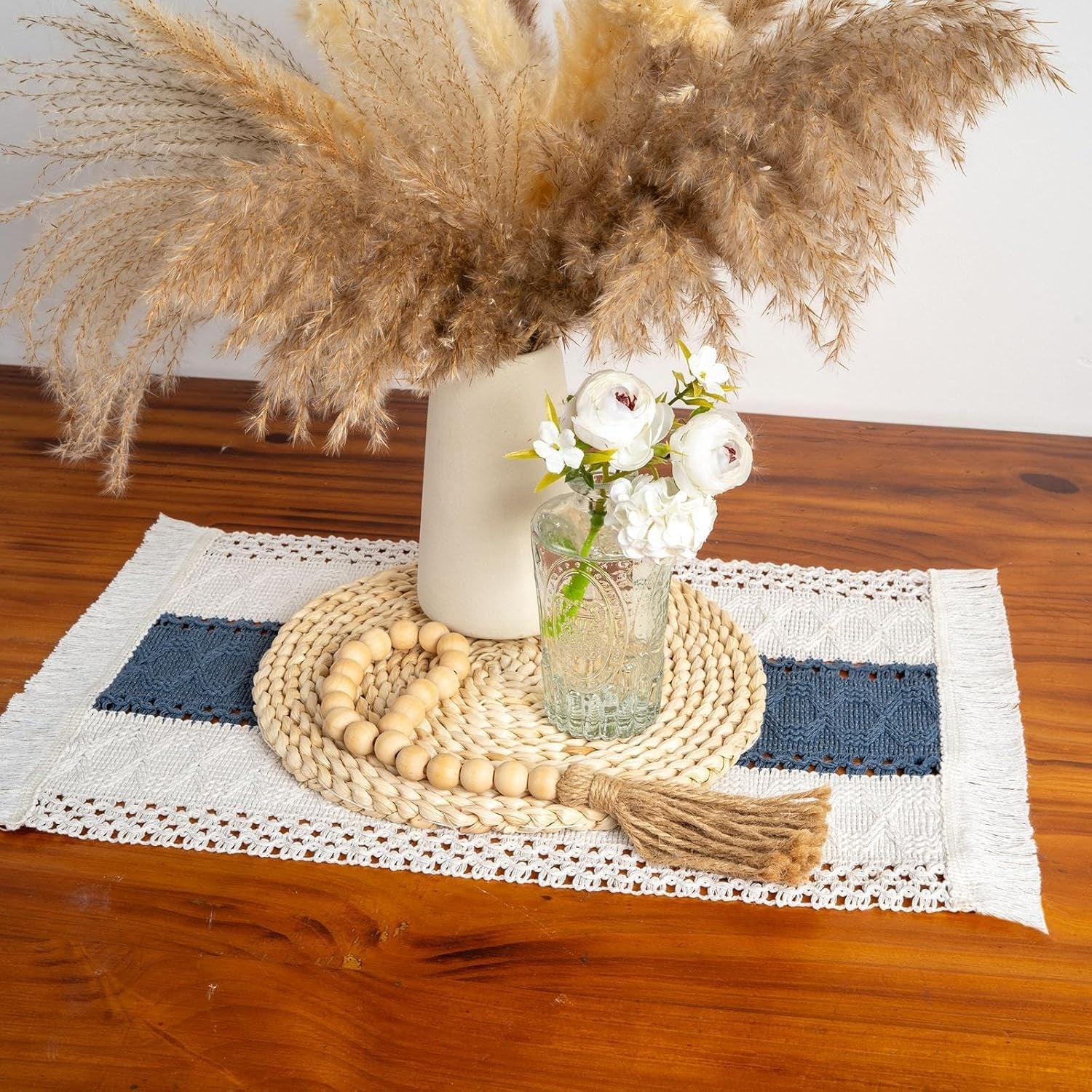 Blue Boho Placemats Set of 4, Macrame Table Decor and Farmhouse Style Placemats Natural Cotton Burlap, for Dining Table, Blue