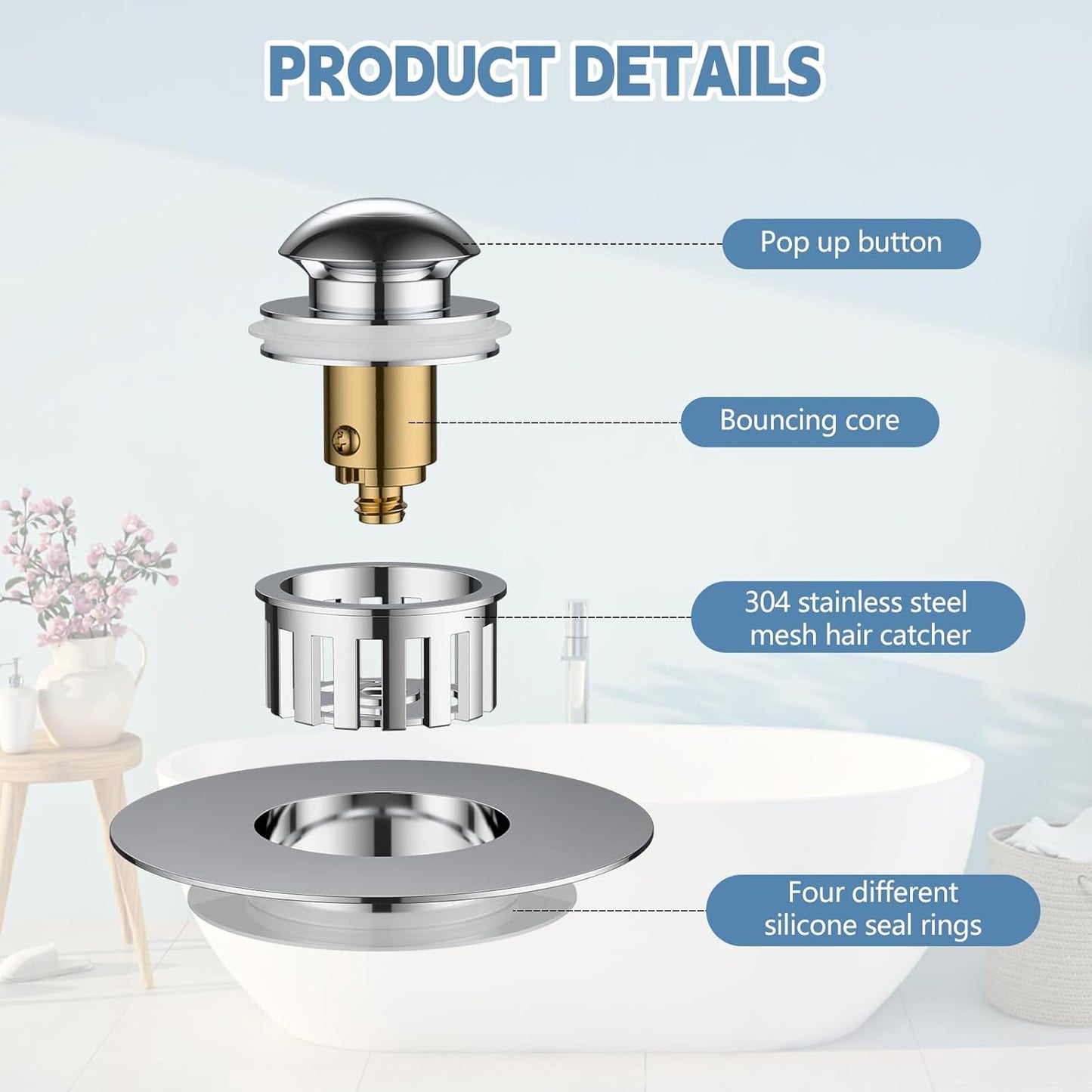 Universal Bathtub Drain Stopper, Tub Stopper Bathtub Drain, Pop up Tub Drain Hair Catcher, Replaces Bath Tub Lift and Turn, Tip-Toe and Trip Lever