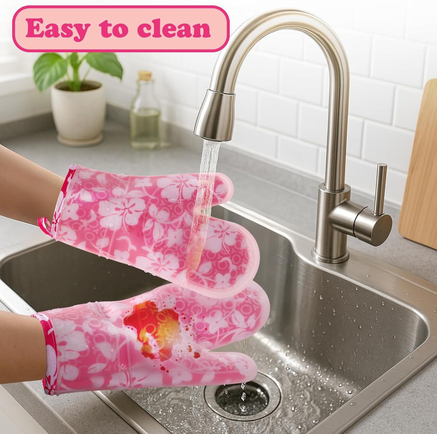 6PCS Pink Oven Mitts and Pot Holders Towels Set,Heat Resistant with Non-Slip Silicone Surface Baking Gloves,Applies to Grilling and Cooking Cute Kitchen Accessories and House Decor