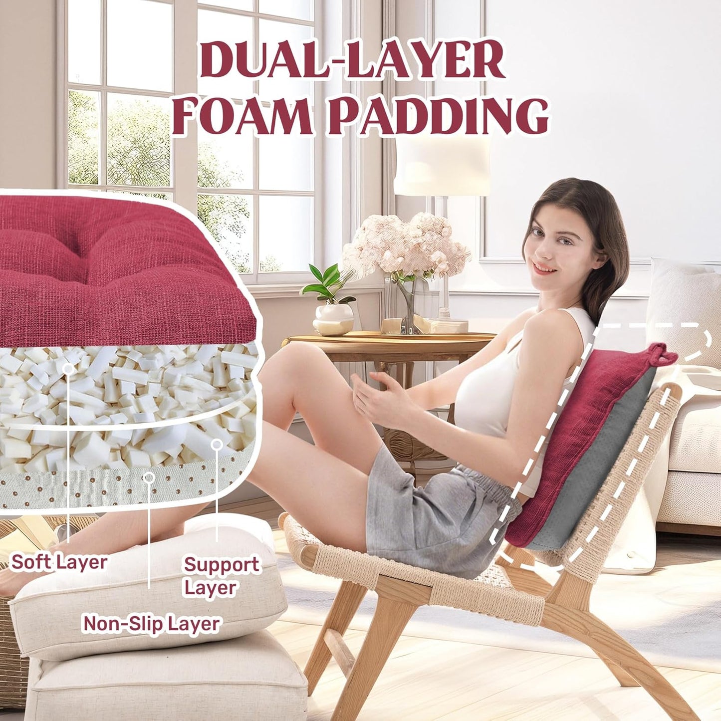 ® Chair Cushions for Dining Chairs, Tufted Memory Foam Chair Pads with Non-Slip Backing, Kitchen Seat Cushions with Ties, Washable Pads Set of 4, 15.5" X 15.5" X 4", Wine