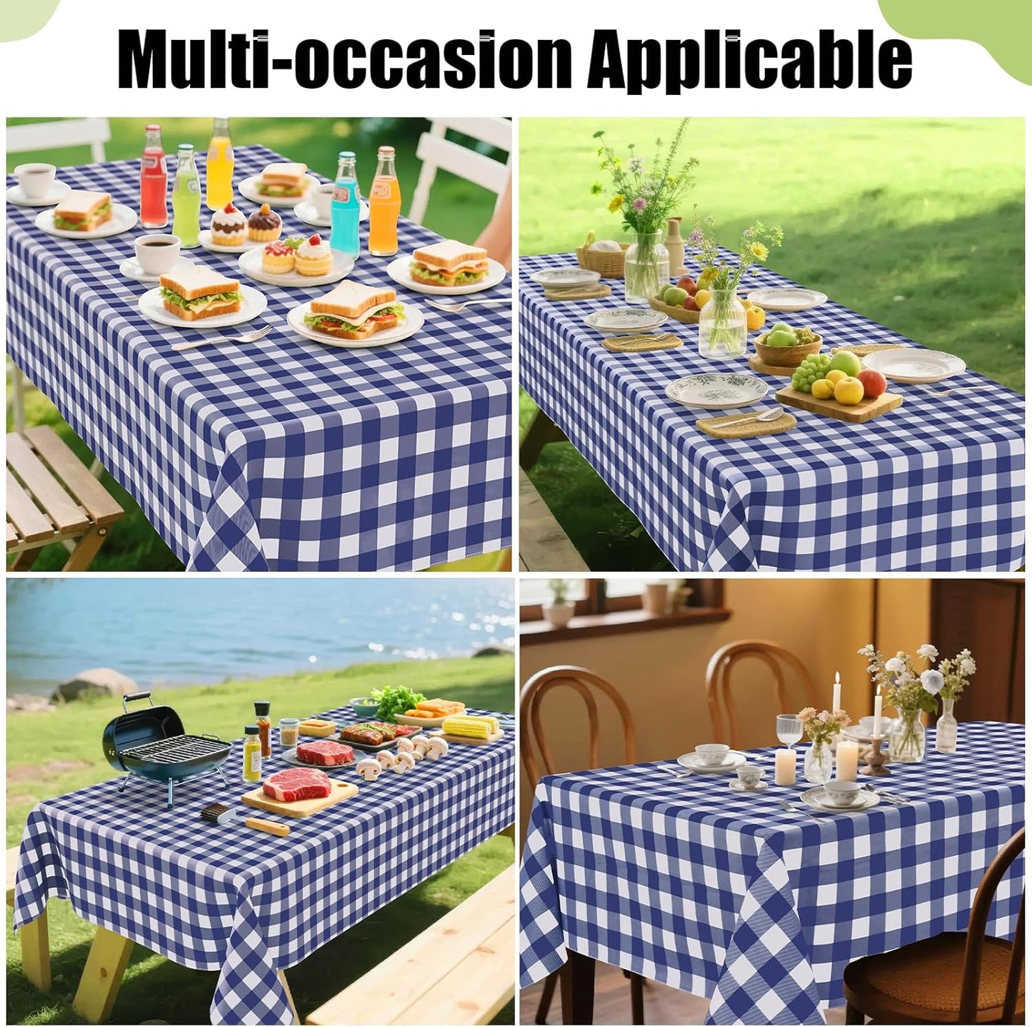 Waterproof Vinyl Rectangle Tablecloth with Flannel Backing, Wipeable Buffalo Plaid Design for Indoor and Outdoor Dining (Navy & White, 60" x 84")