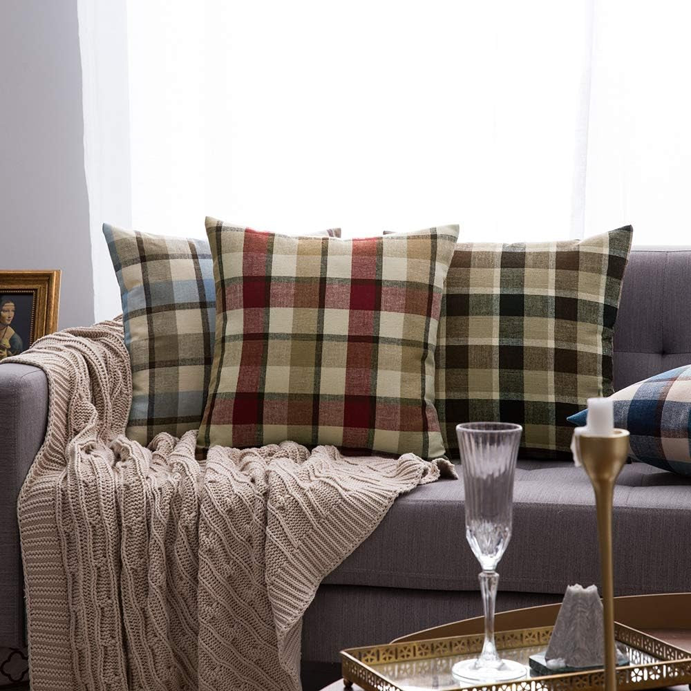 Pack of 2 Christmas Decorative Pillow Covers Check Buffalo Plaids Pillowcase Tartan Linen Rustic Farmhouse Square for Bench Sofa Couch Car Bedroom Red and Tan 18X18 Inch
