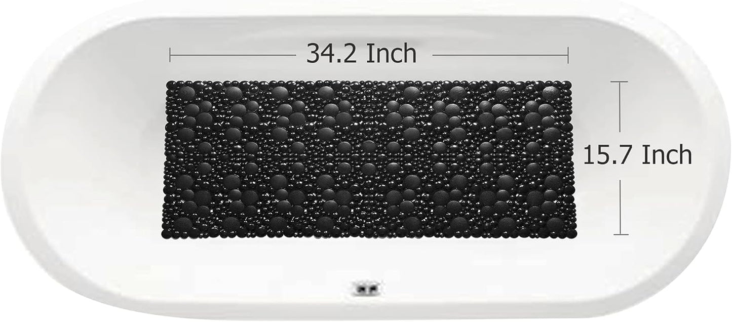 Extra Long Pebble Bath Tub Shower Mat 34.2 X 15.7, Bathmat Non-Slip with Suction Cups, Machine Washable, Bathroom Mats, Smooth/Non-Textured Surface Only (34.2" X 15.7", Black)