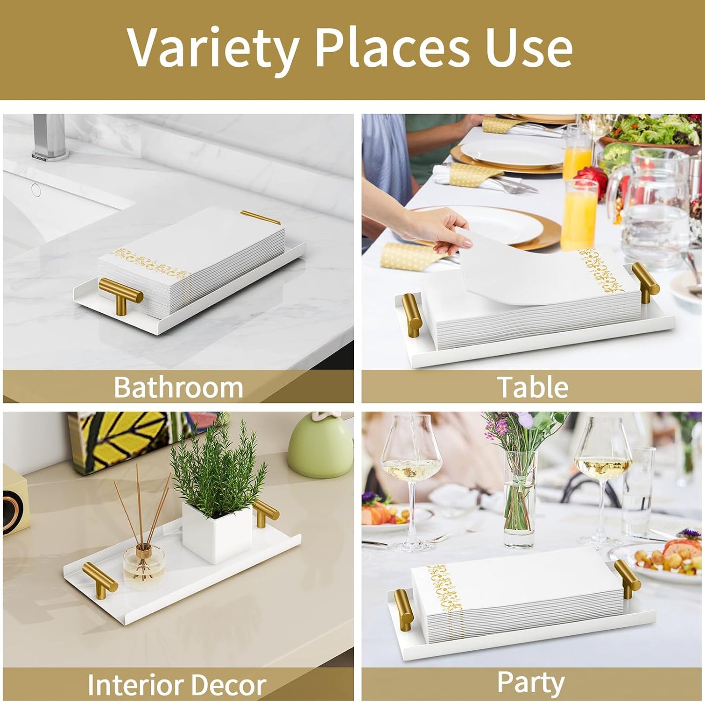 Napkin Holder for Bathroom, Guest Towel Holder Tray for Bathroom, White Guest Napkin Holders with Golden T-Handle, Disposable Hand Towel Tray for Guest Room, Table, Kitchen
