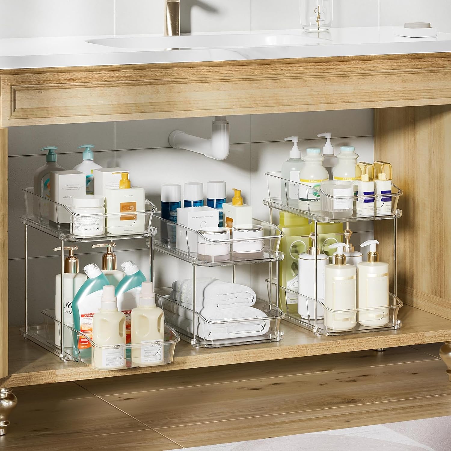 3 Pack Bathroom Organizers and Storage, 2 Tier Clear under Sink Organizer, Pull Out Medicine Cabinet Organizer
