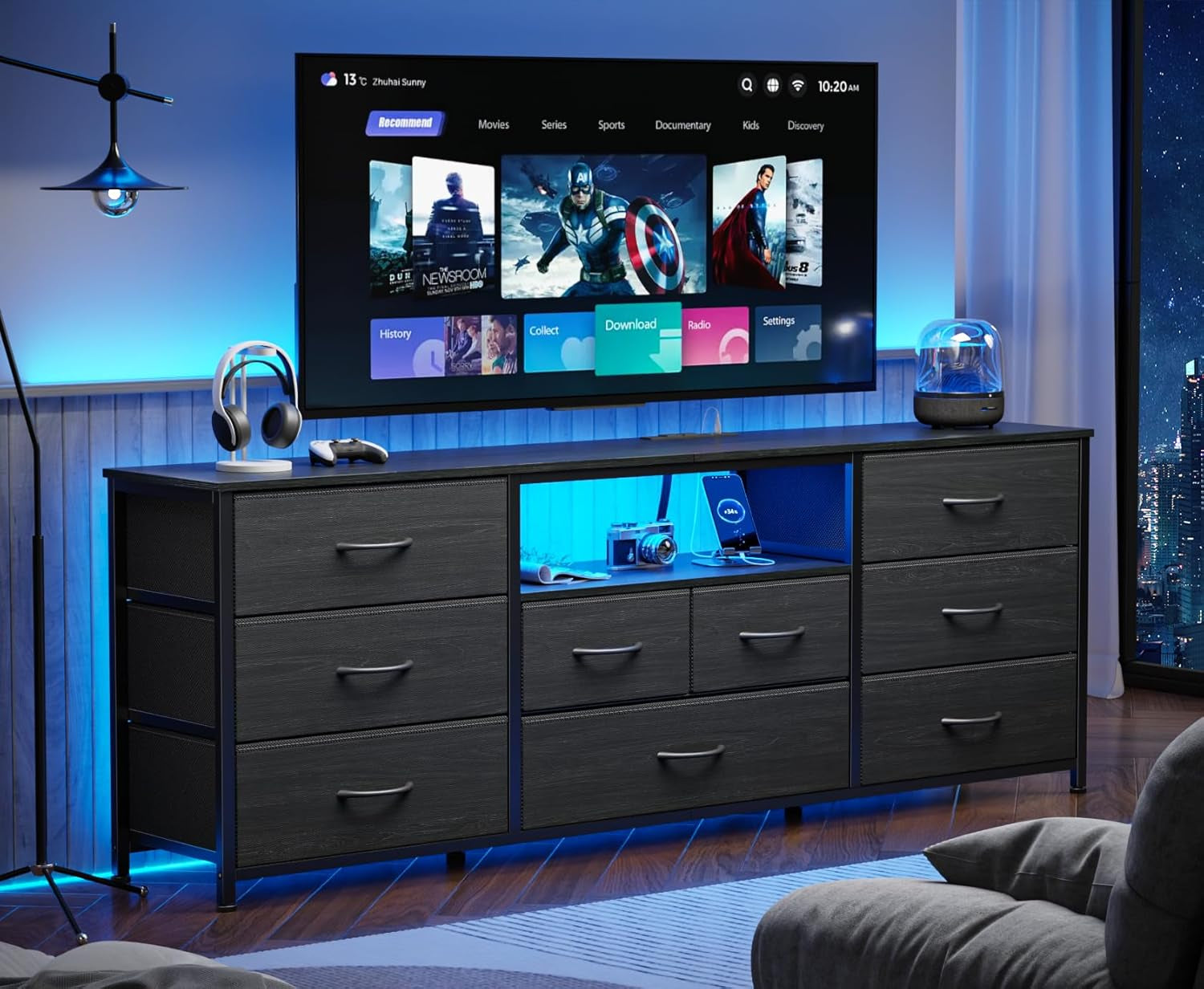 63-Inch TV Stand with Power Outlet and LED Lighting, 9-Drawer Dresser for Bedroom and Entertainment Center for 65"-75" TVs, Black Dresser with Fabric Storage Drawers for Closet Organization