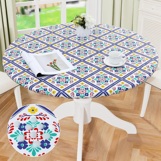 round Fitted Tablecloth with Elastic Edge, 100% Waterproof Oil Proof Plastic Table Cover, Vinyl Flannel Backed Tablecloth Fits 36"-44" round Tables for Dinner, Outdoor, Picnic, Geometric Flower
