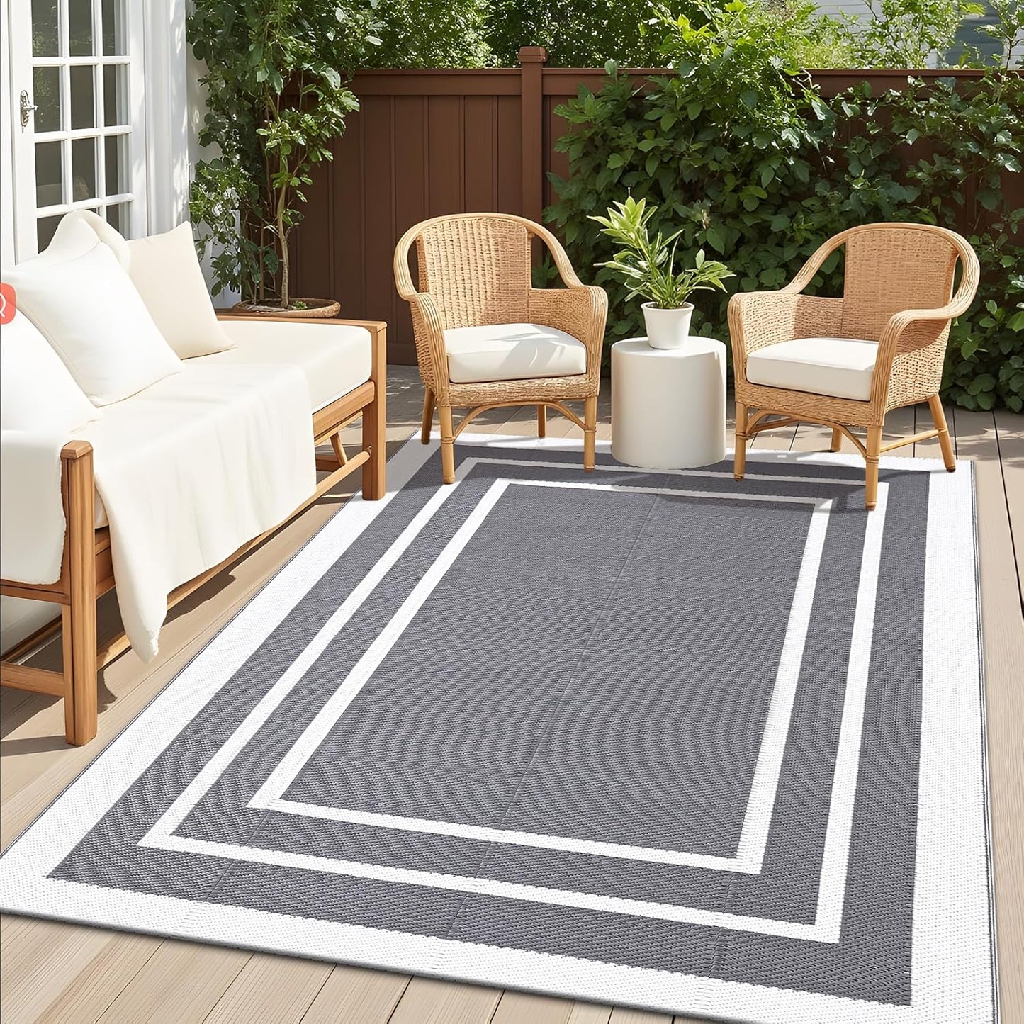 Outdoor Rug 5X8 Ft Waterproof, Reversible Outdoor Plastic Straw Rug, RV Mat, Indoor Outdoor Carpet Clearance for Patio, Camping, Balcony, Deck, Backyard, Grey & White