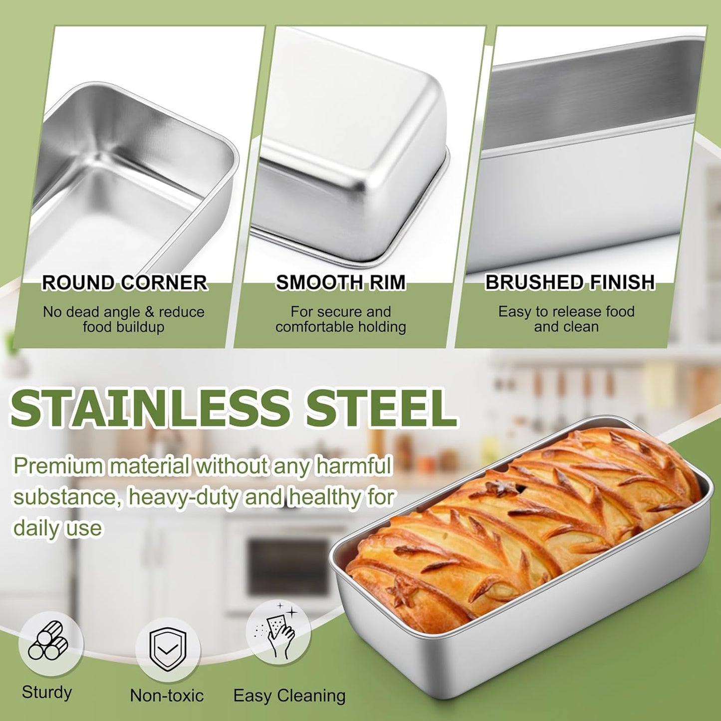 Loaf Pan Set, 9 X 5 Inch Bread Pans, Stainless Steel Loaf Toast Baking Pans for Bread Meatloaf Lasagna Cake, Healthy & Non Toxic, Oven & Dishwasher Safe,(Silver, 2Pcs)