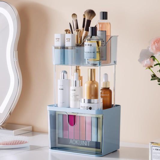 Makeup Organizer Countertop,  3-Tier Vanity Organizer with Large Drawers and Top 6-Grid Section, Suitable for Bathroom Counter, Dresser, Storage for Cosmetics, Skincare, Perfume, Lipstick, Blue
