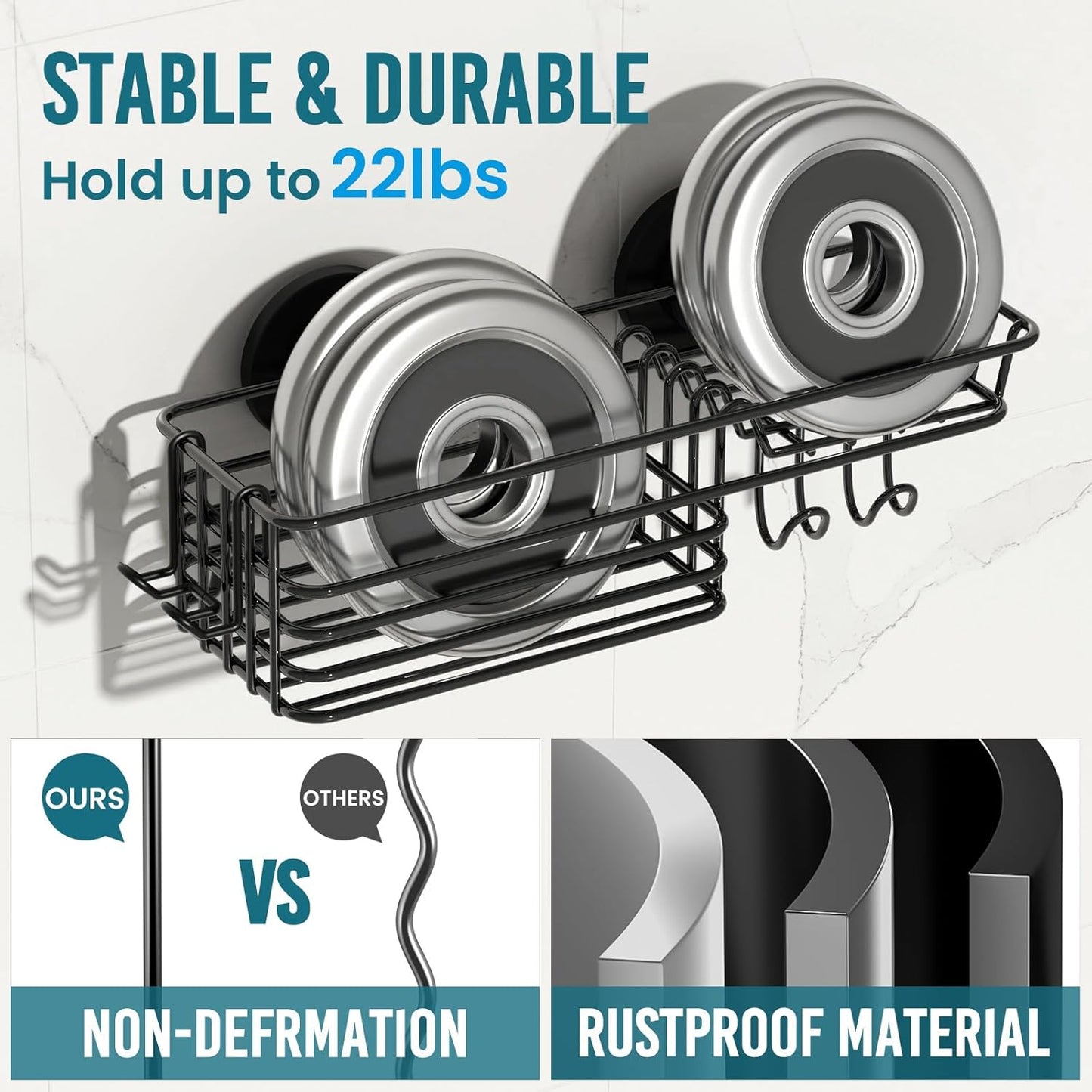 Shower Caddy Suction Cup with Hooks and Soap Holder, Heavy Duty Bathroom Shower Organizer, No Drilling Bathroom Holder with Large Capacity, Metal Black Storage Basket