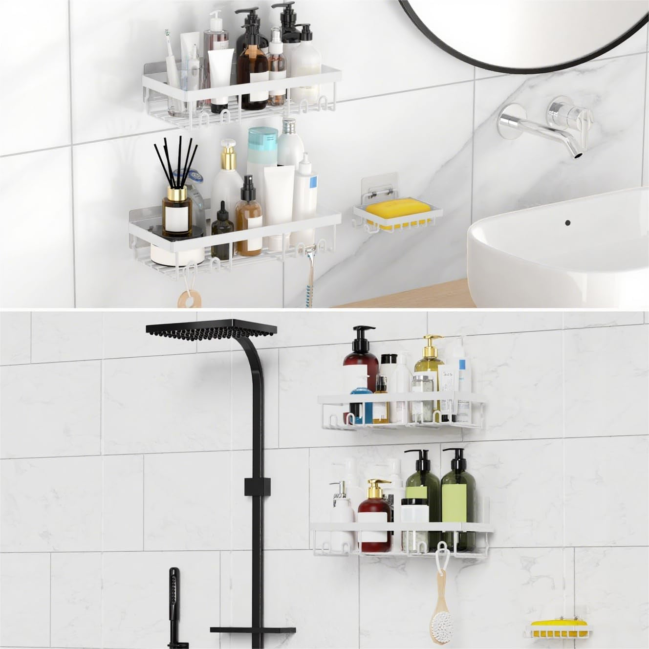 3-Pack Shower Caddy Basket Shelf with Soap Holder, No Drilling Traceless Adhesive Shower Wall Shelves, Rustproof White Bathroom Shower Storage Organizer