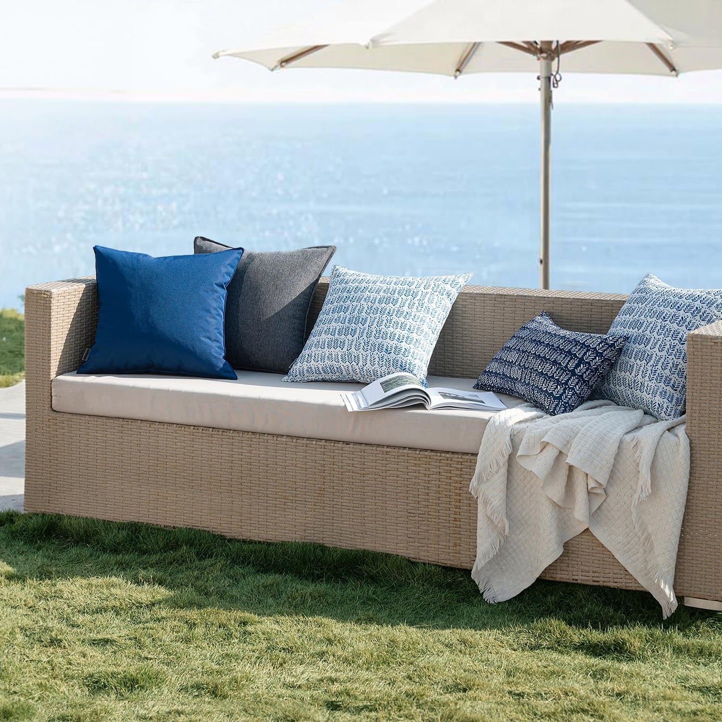 Set of 2 Waterproof Outdoor Throw Pillows - 18" x 18" Fade-Resistant Cushions with Inserts, Fluffy Decorative Pillows for Patio, Garden, and Sofa Use in Dark Blue
