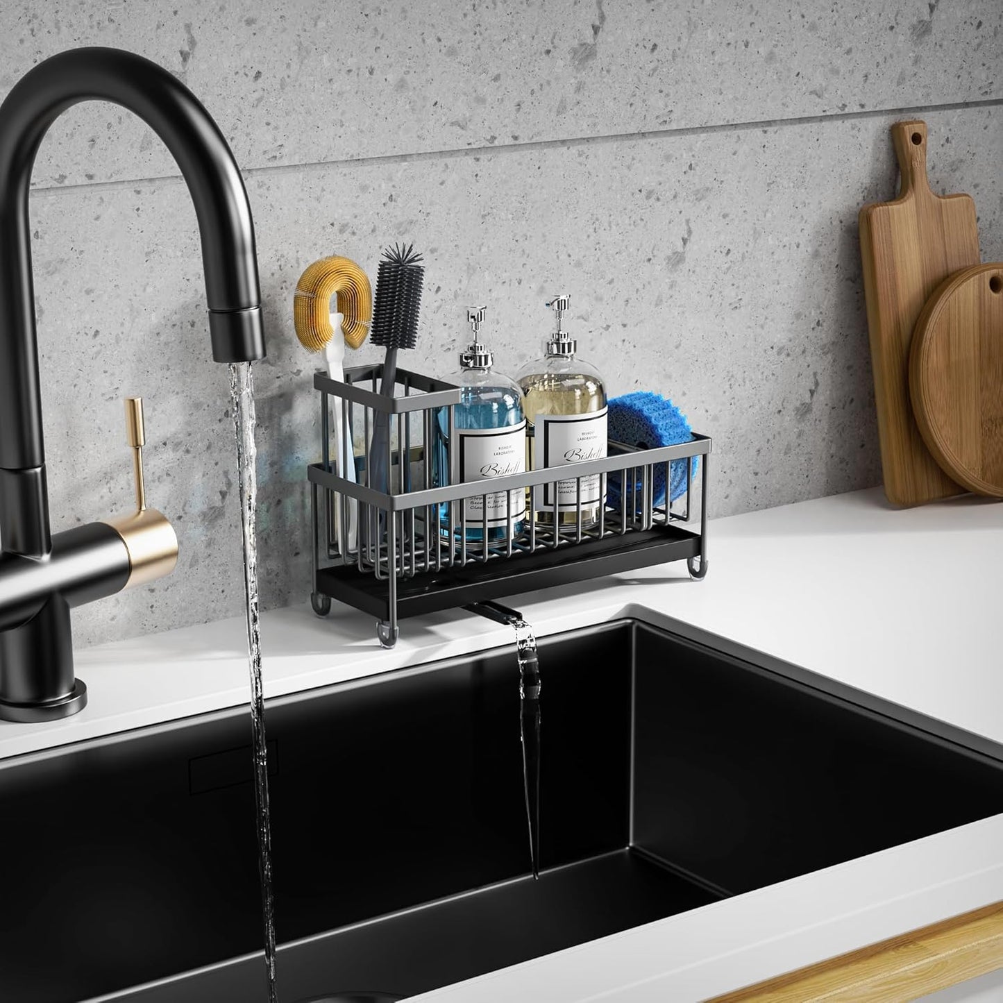 Extra Large Sponge Holder for Kitchen Sink Organizer Caddy, Dish Brush Scrubber Holder,Stainless Steel Sink Box Utensil Holder,Soap Dispenser Set Tray Counter Accessories(Grey)