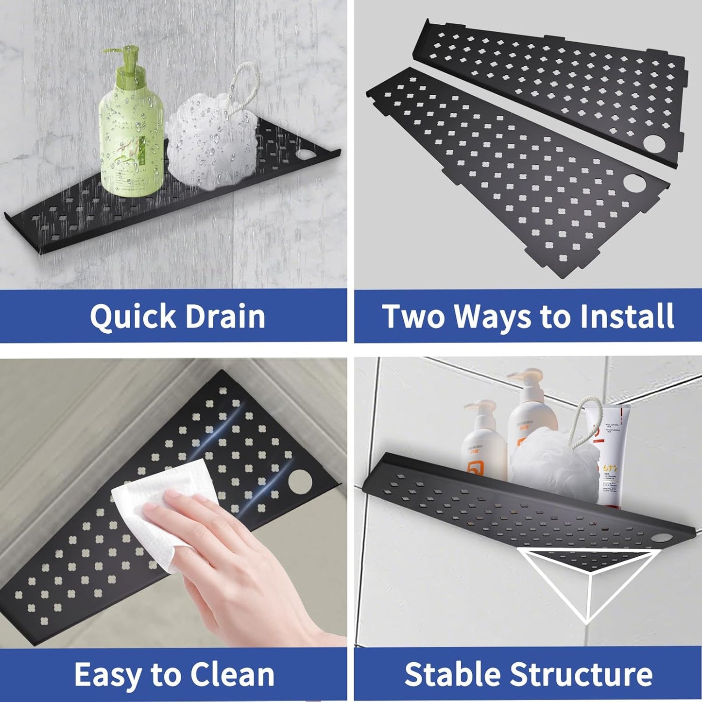 12" Corner Shower Shelf 2-Pcs, Rustproof 304 Stainless Steel Corner Shower Shelves with Razor Holder, No Drilling Bathroom Shower Shelf for Tiled Wall (Matte Black)