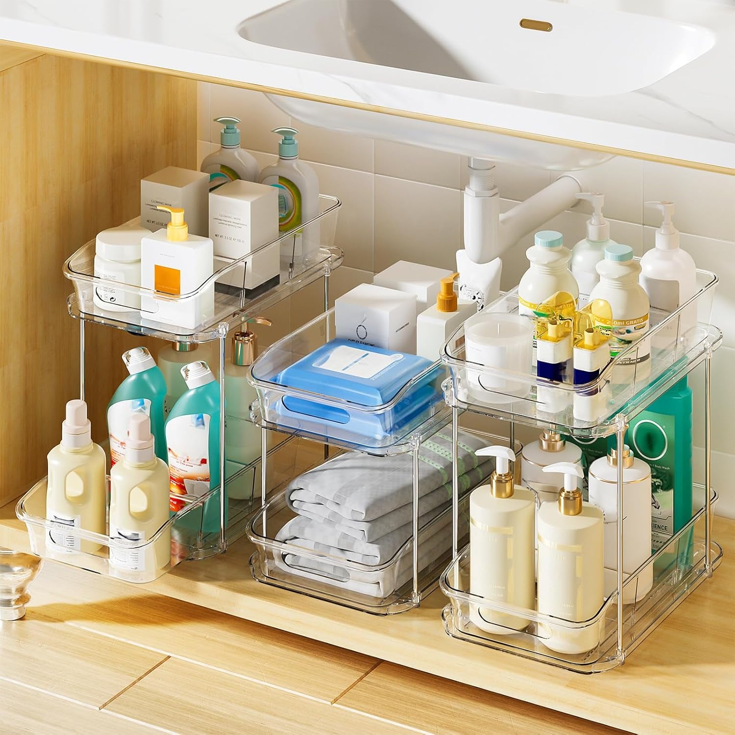 3 Pack Bathroom Organizers and Storage, 2 Tier Clear under Sink Organizer, Pull Out Medicine Cabinet Organizer