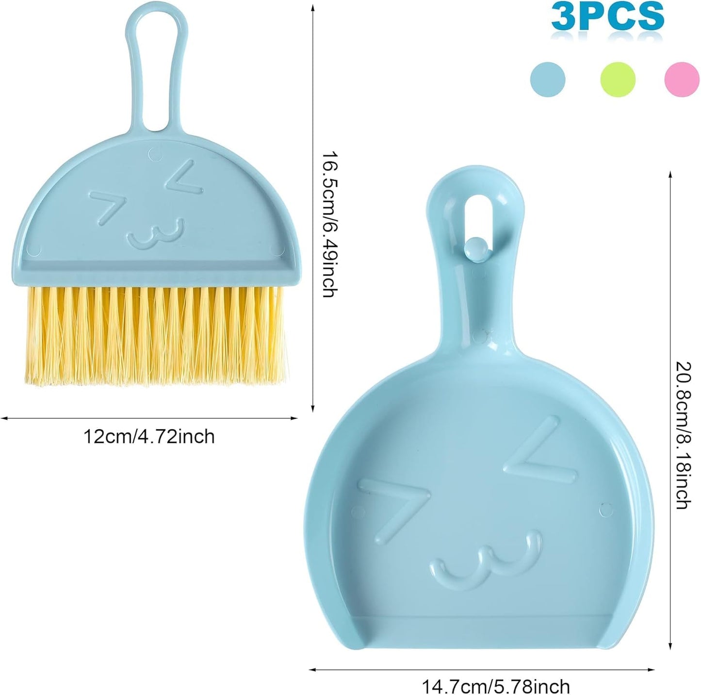 3PCS Mini Broom and Dustpan Set for Home, Car, Kitchen, Table, Kids - Durable Plastic Bristles, Handheld, Hangable, 3 Colors