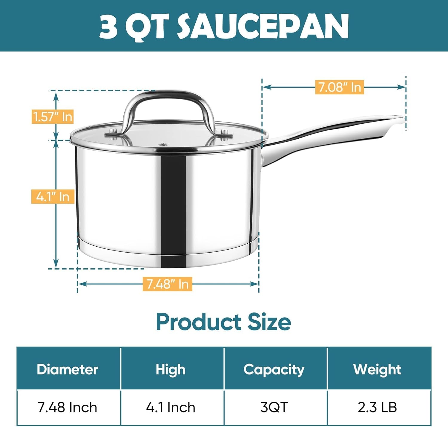 3 Quart Saucepan with Lid Set, Stainless Steel Small Cooking Pot Induction Sauce Pan for Pasta Soup, Ergonomic Handle & Tri-Ply Base, Dishwasher Safe, 1 Pan