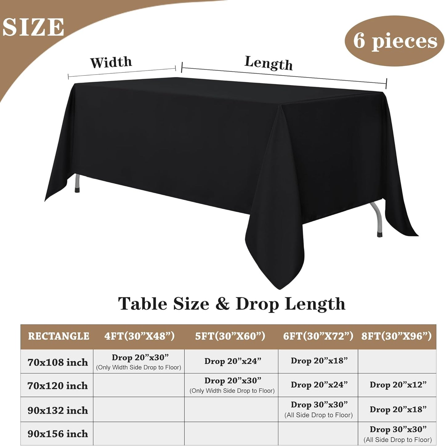 Black Rectangle Tablecloths - 6 Pack, 70 x 120 Inches - Reusable and Washable Polyester Covers for 6-8 Ft Tables, Ideal for Weddings, Parties, and Banquets