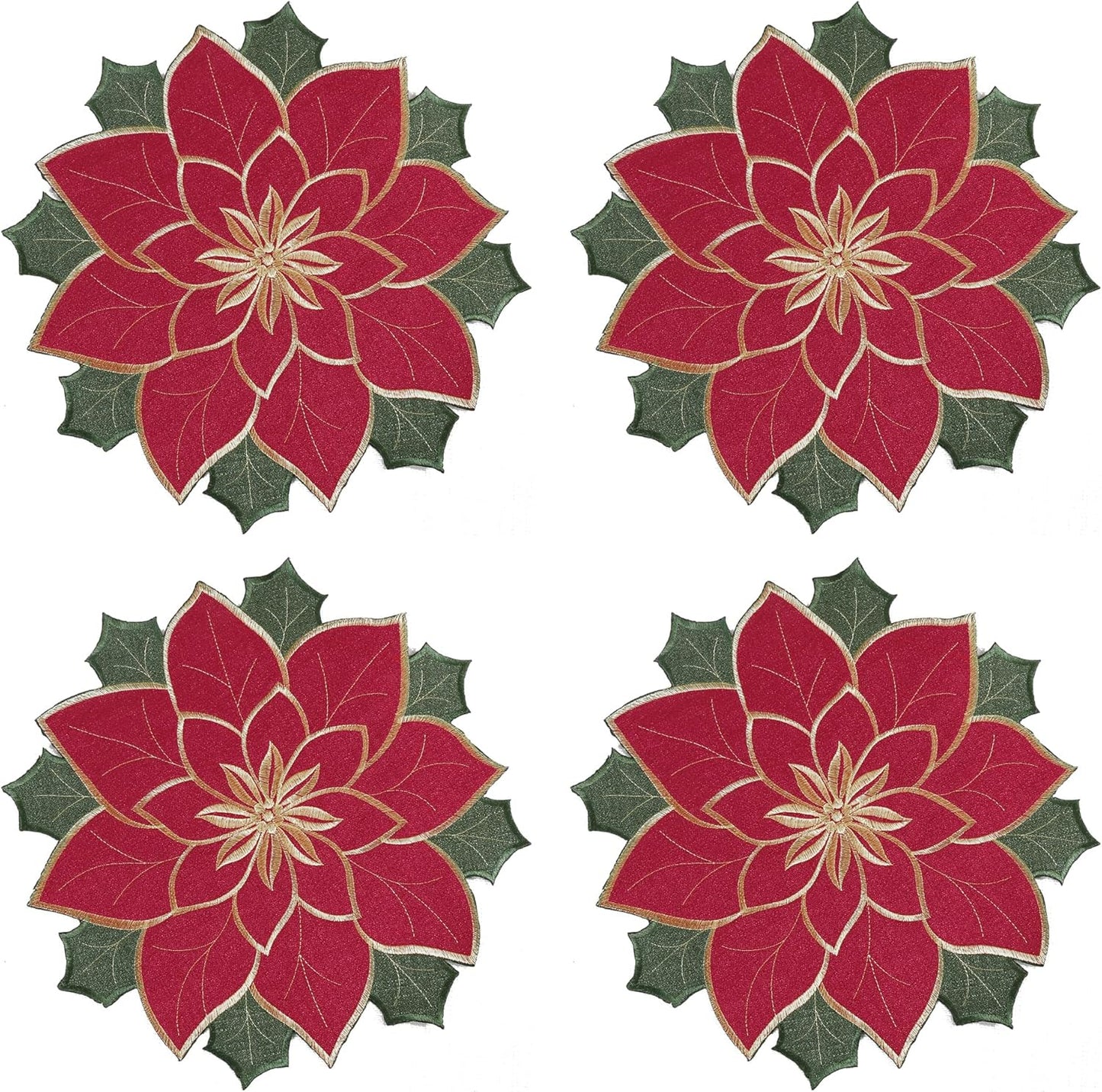 Christmas Placemats Set of 4, Red Embroidered Applique Poinsettia Table Mats,4 Pieces 15 Inch round Placemat for Xmas Holiday Home Decorations (Textured, 15 Inches)’