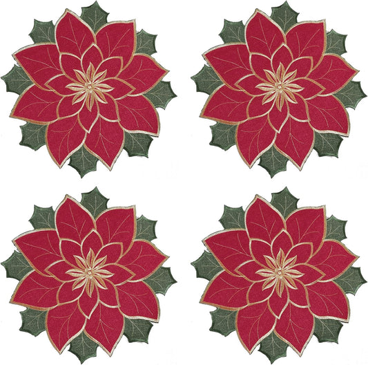 Christmas Placemats Set of 4, Red Embroidered Applique Poinsettia Table Mats,4 Pieces 15 Inch round Placemat for Xmas Holiday Home Decorations (Textured, 15 Inches)’