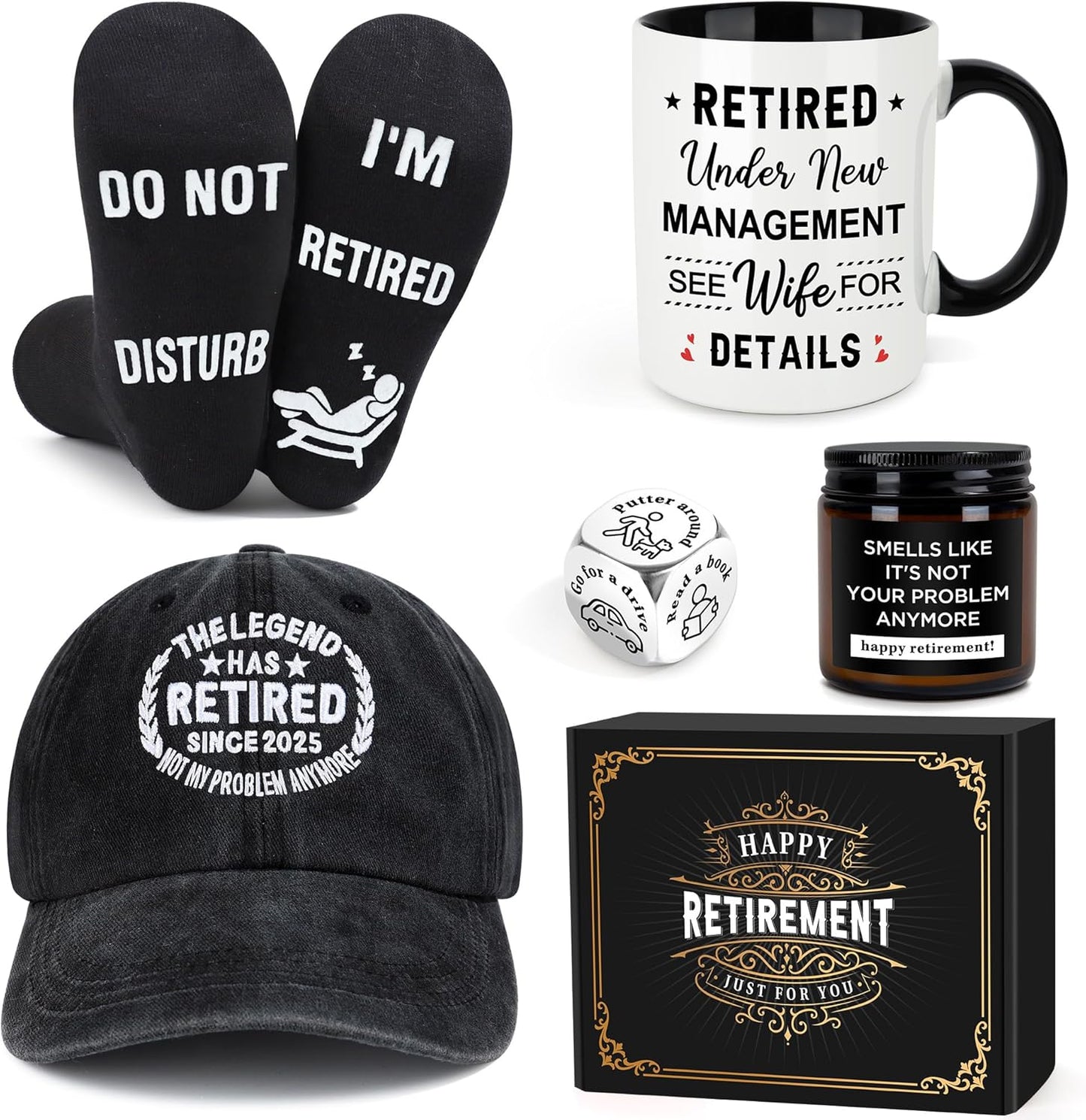 Retirement Gifts for Men 2025: Thoughtful Retirement Decorations and Gift Ideas Including Mug, Hat, Candle, Socks, and Dice