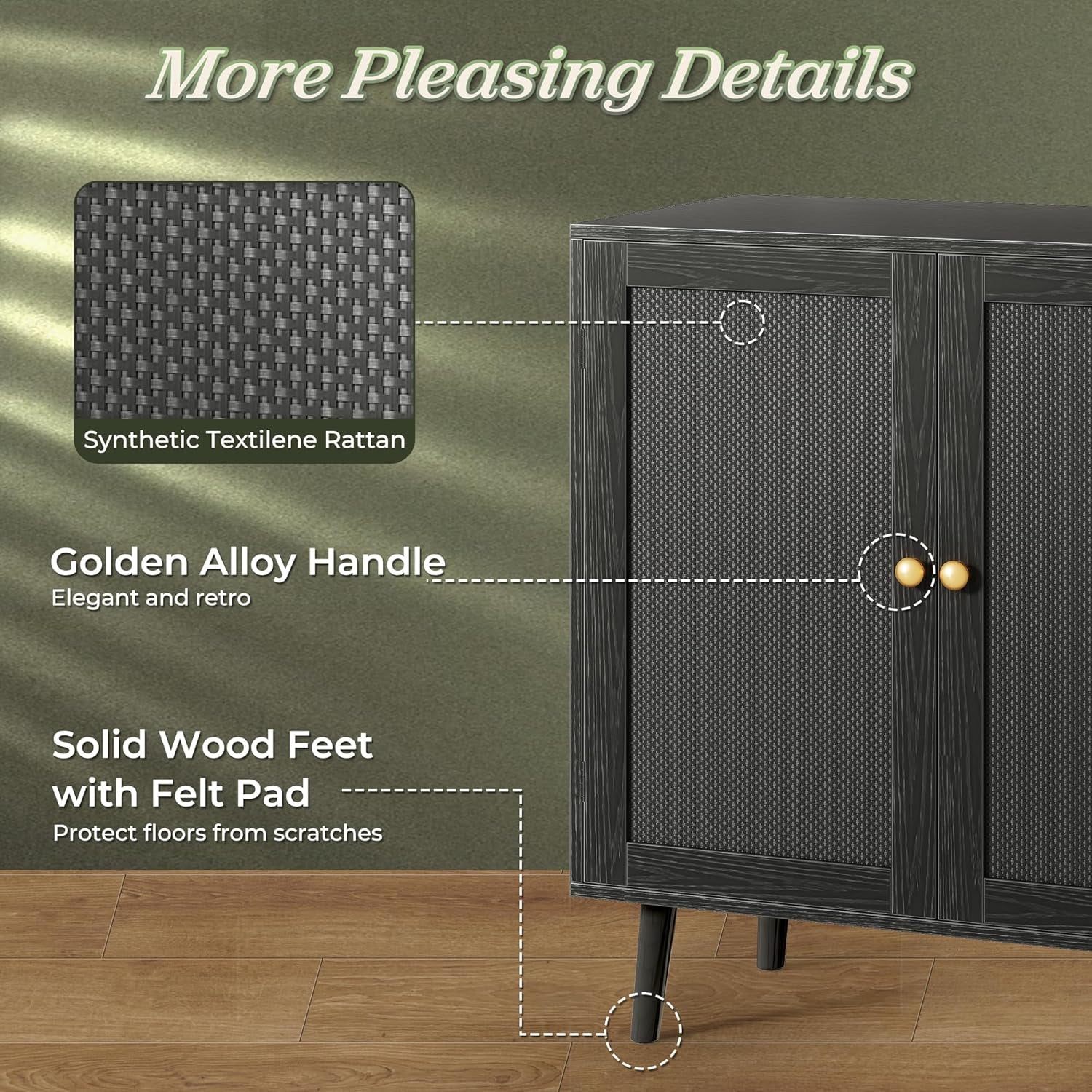 Elegant Buffet Cabinet with Storage, Featuring PE Rattan Decor Doors and Solid Wood Feet, Ideal for Hallway, Entryway, and Living Room, All Black Finish