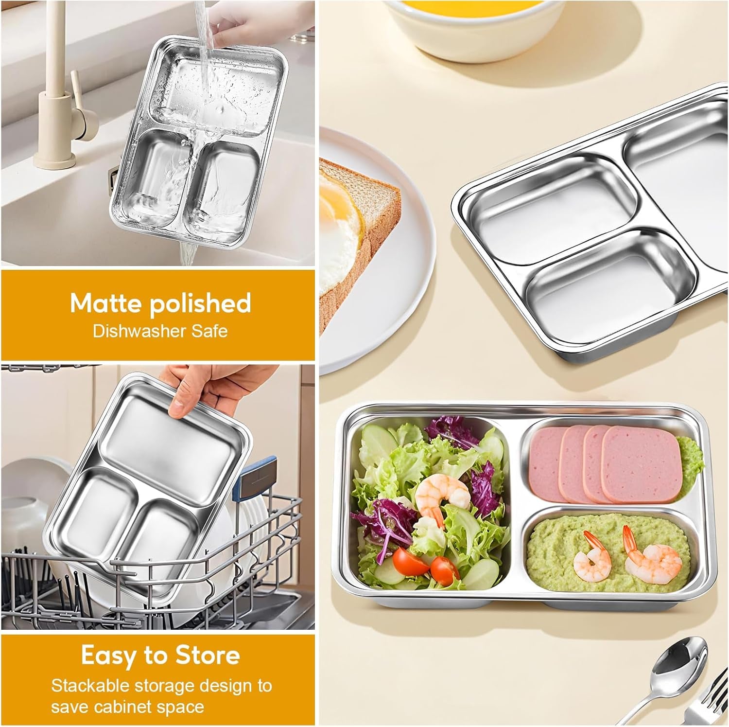 2 Pcs Stainless Steel Kids Plates Set, Toddler Baby Adults Divided Plate, Portion Control Plates for Bariatric & Diabetic Diet, Non Toxic Camping Metal Snack Plate for Eating, Easy to Clean, Silver
