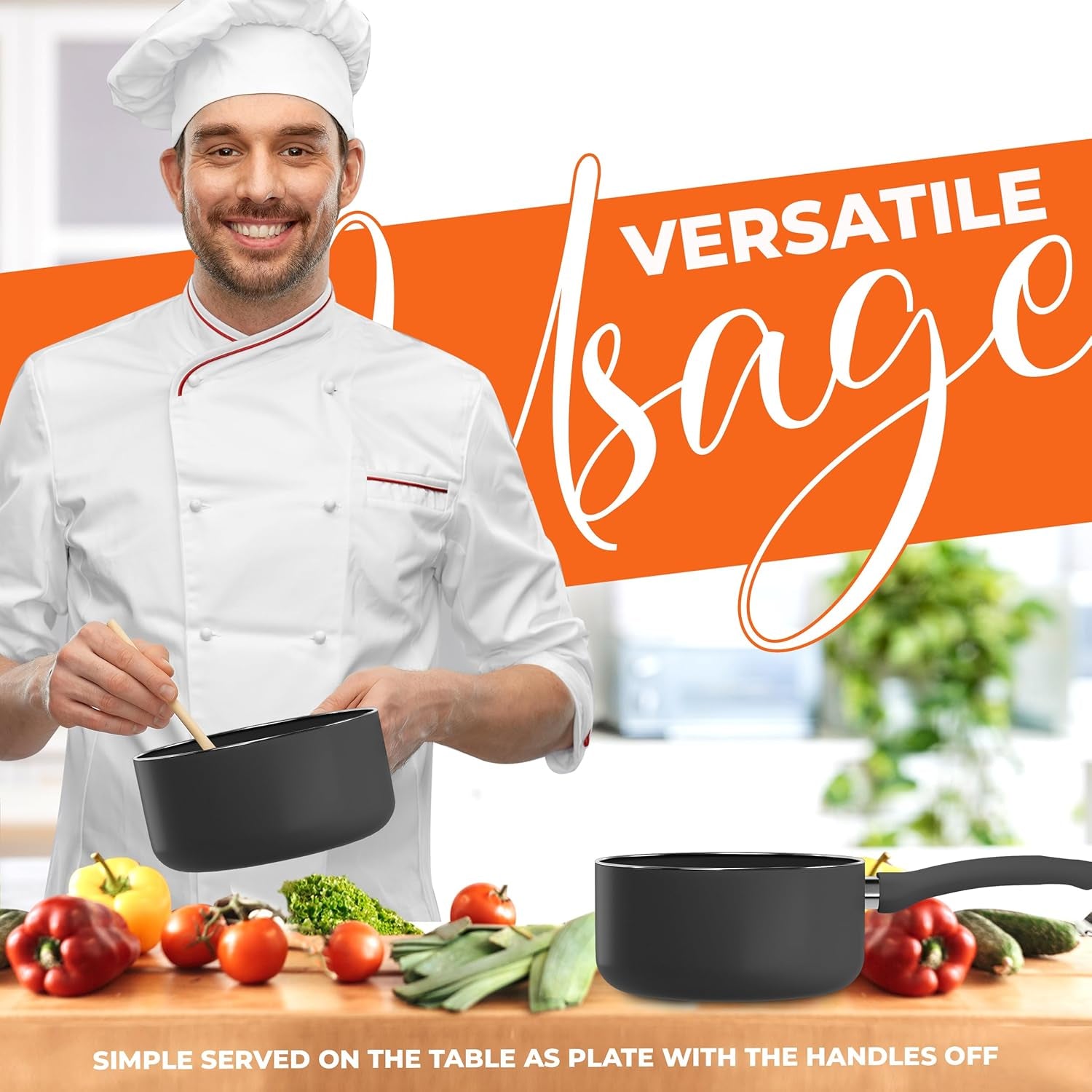 2 Quart Detachable Handle Nonstick Saucepan with Glass Lid, Multipurpose Use for Home, Kitchen or Restaurant, Grey & Black